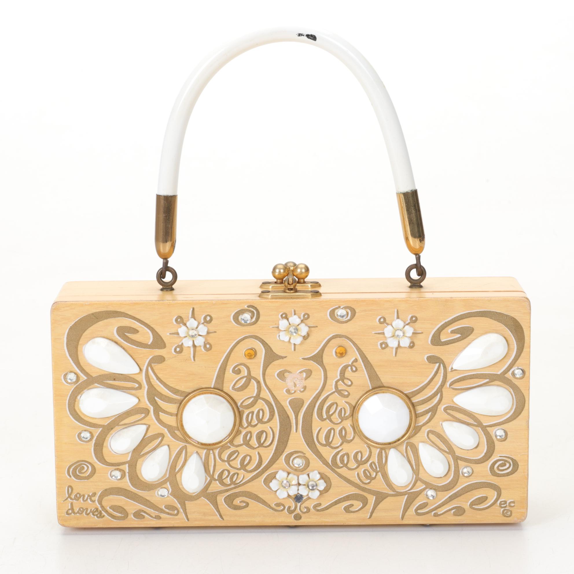 Enid Collins "love doves" Embellished Wooden Box Purse, Mid to Late 20th Century