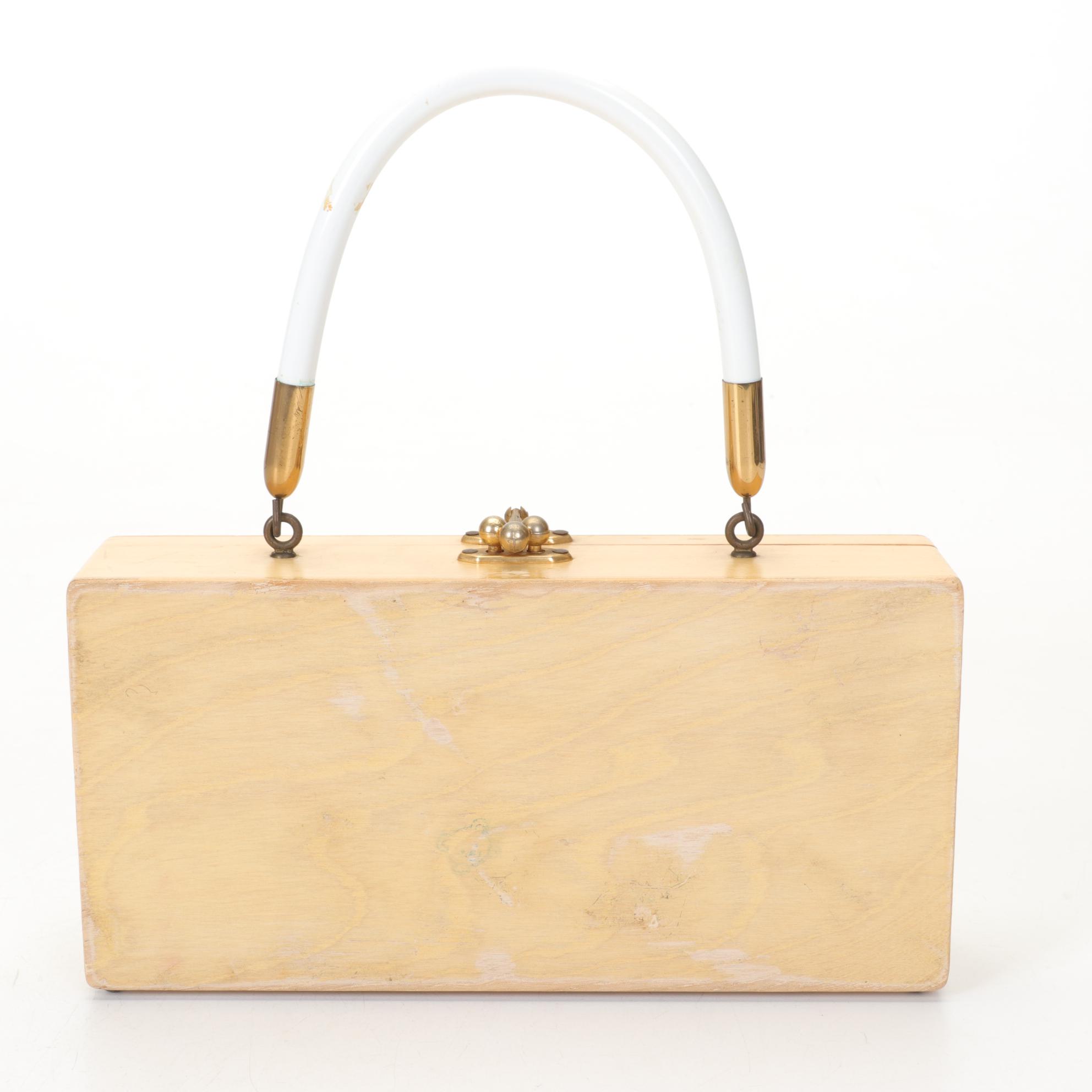 Enid Collins "love doves" Embellished Wooden Box Purse, Mid to Late 20th Century