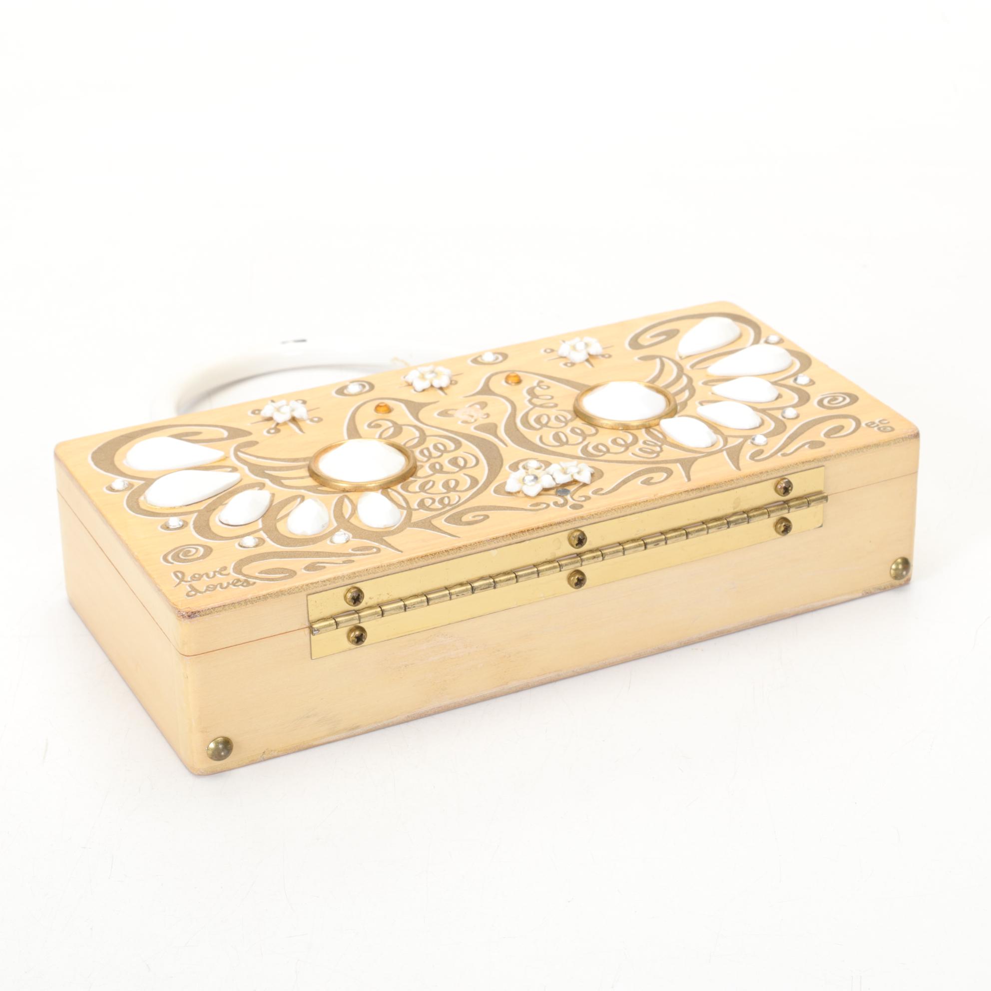 Enid Collins "love doves" Embellished Wooden Box Purse, Mid to Late 20th Century