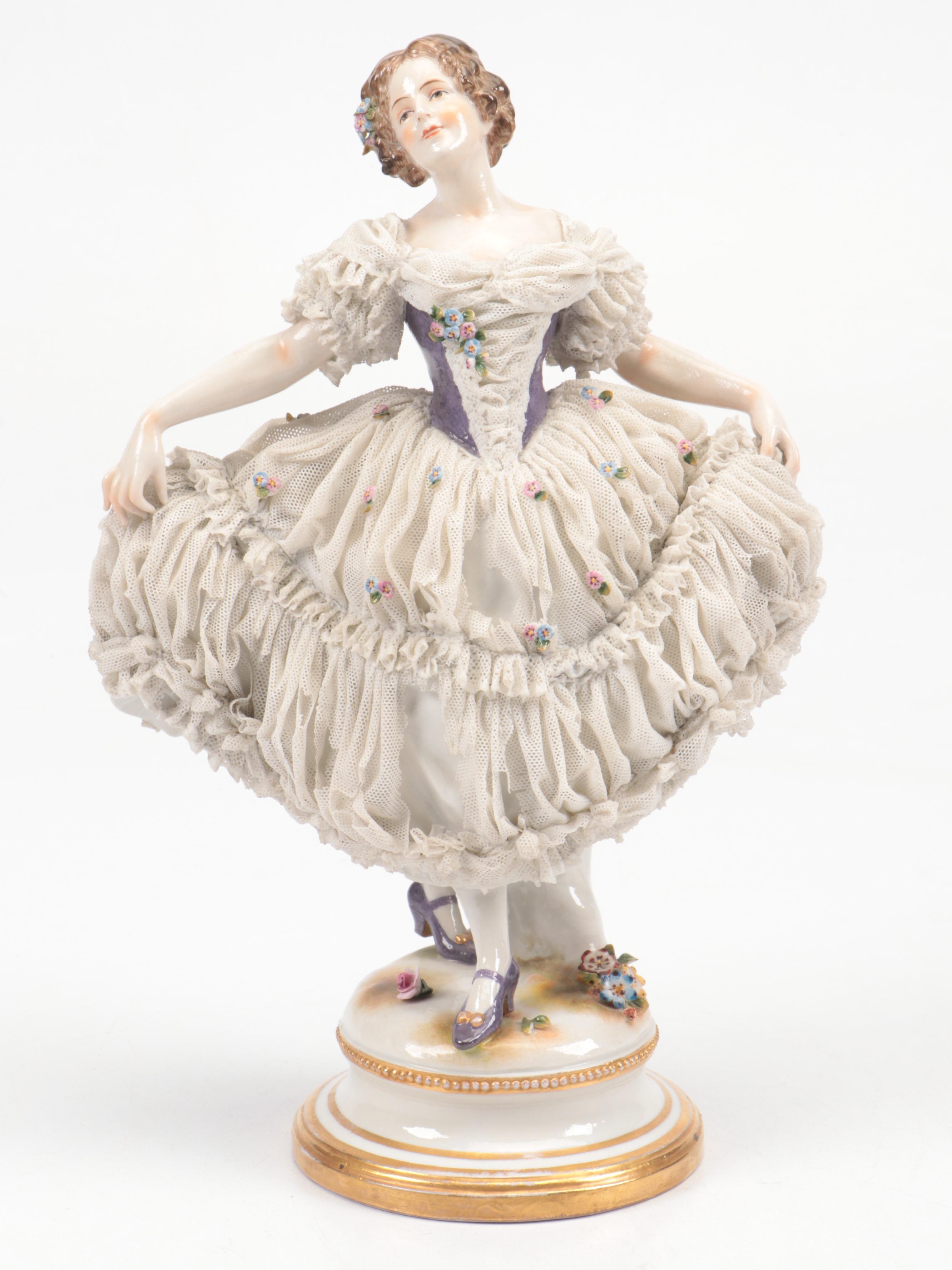 Volkstedt Dresden Lace Porcelain Dancer and Couple Reading Sheet Music Figurines