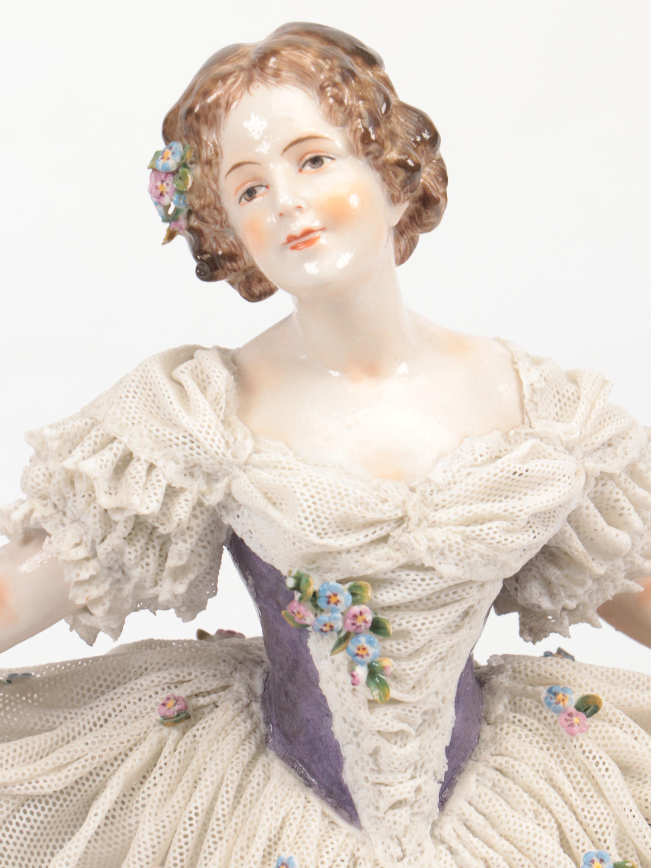 Volkstedt Dresden Lace Porcelain Dancer and Couple Reading Sheet Music Figurines