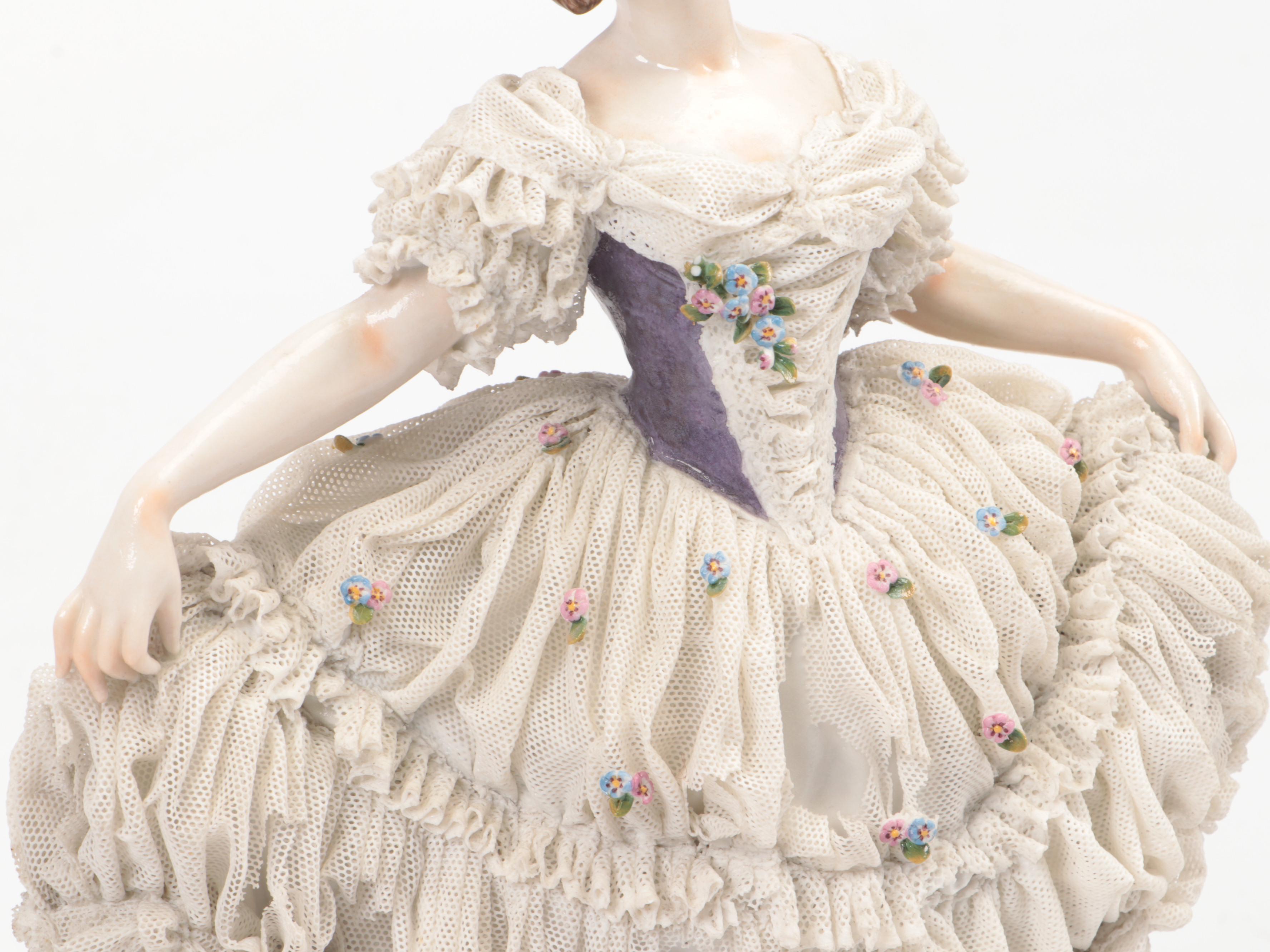 Volkstedt Dresden Lace Porcelain Dancer and Couple Reading Sheet Music Figurines