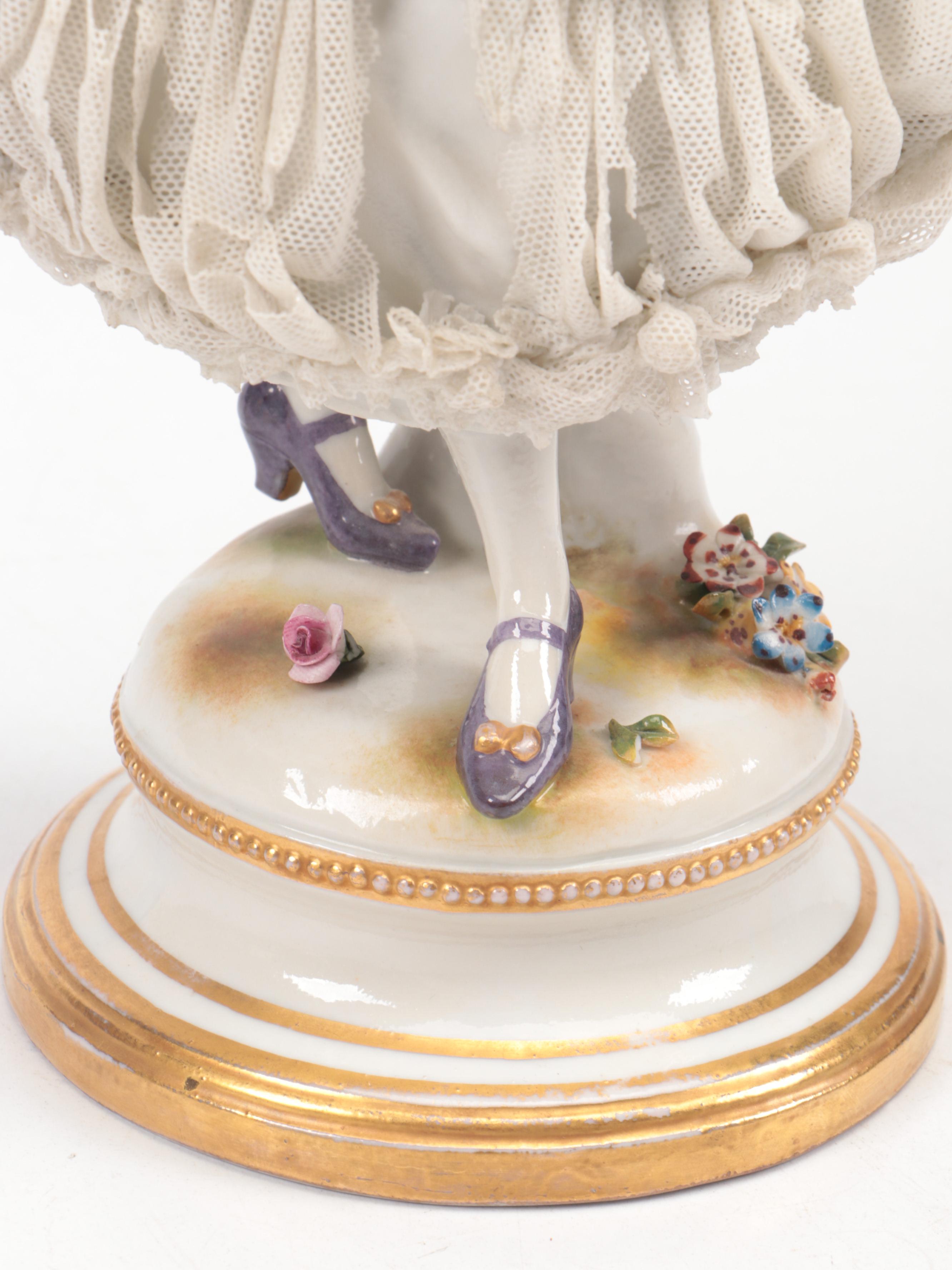 Volkstedt Dresden Lace Porcelain Dancer and Couple Reading Sheet Music Figurines