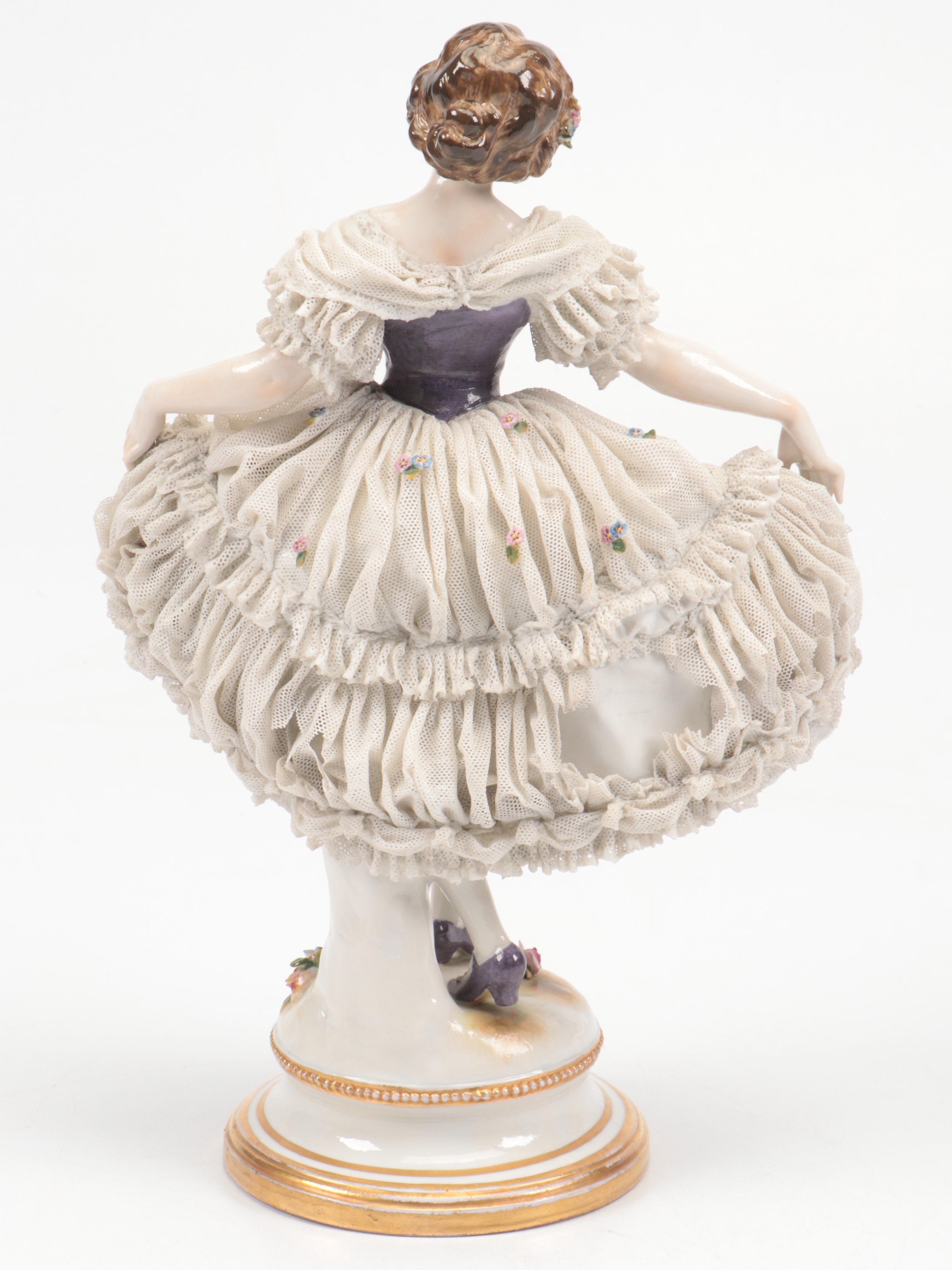 Volkstedt Dresden Lace Porcelain Dancer and Couple Reading Sheet Music Figurines