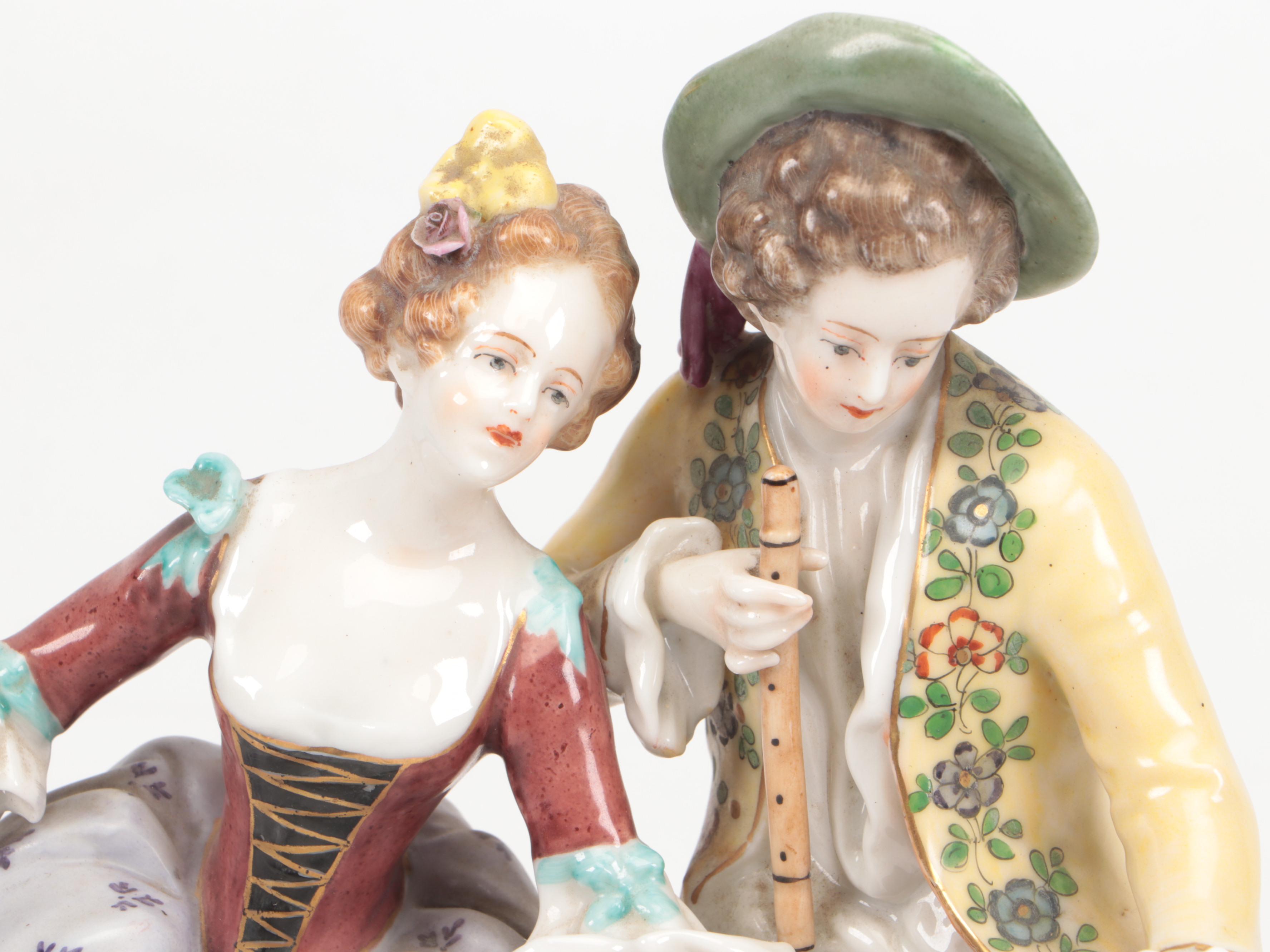 Volkstedt Dresden Lace Porcelain Dancer and Couple Reading Sheet Music Figurines
