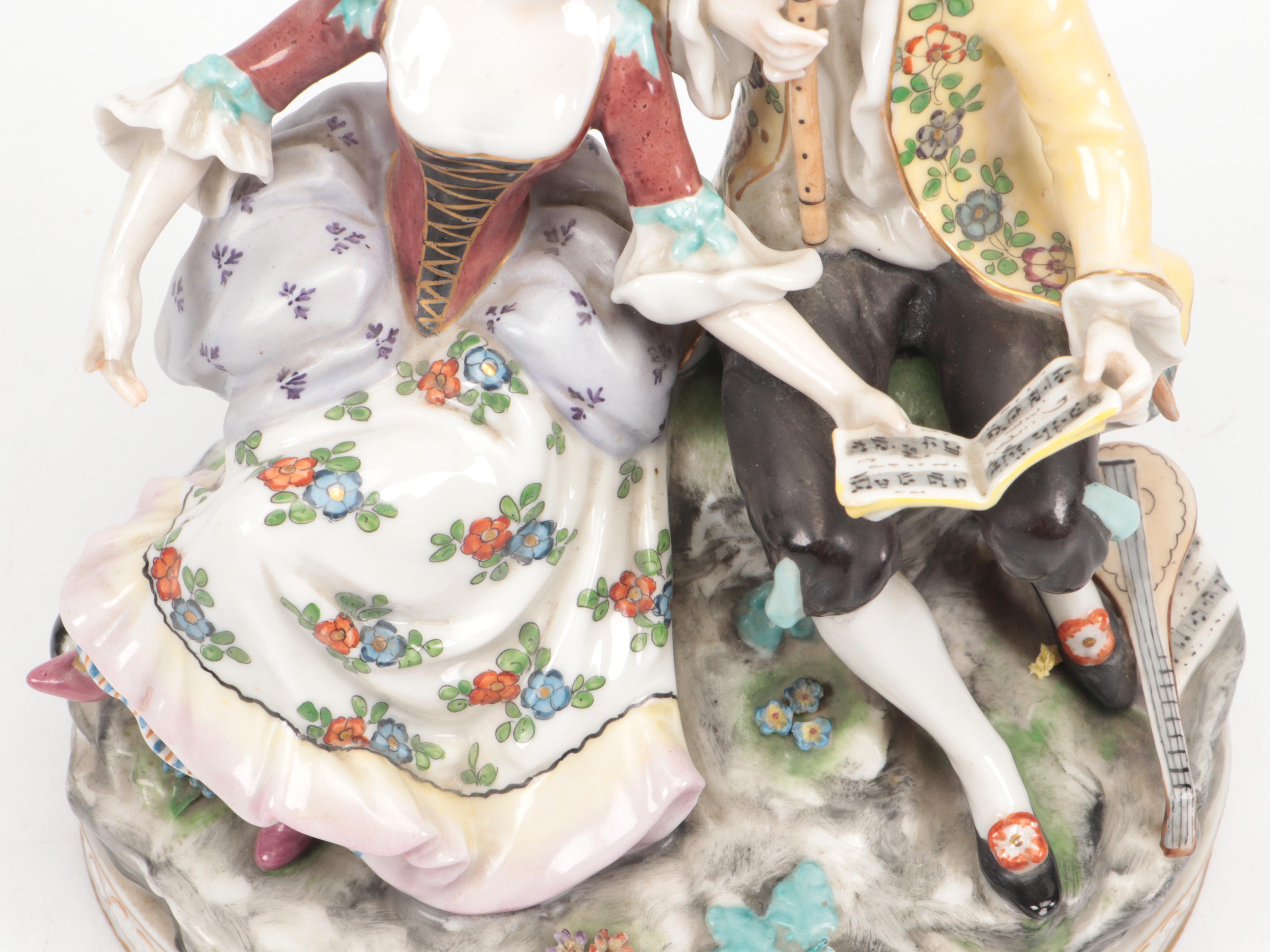 Volkstedt Dresden Lace Porcelain Dancer and Couple Reading Sheet Music Figurines