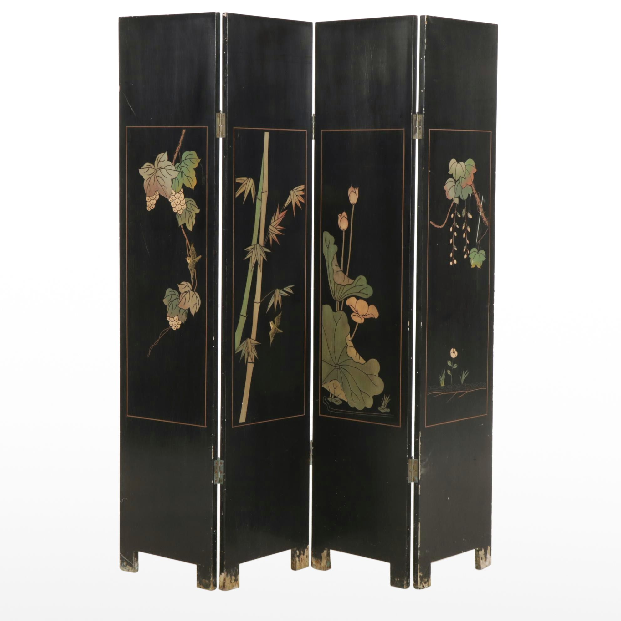 Chinese Style Black Lacquer Four Panel Room Screen, Mid to Late 20th Century