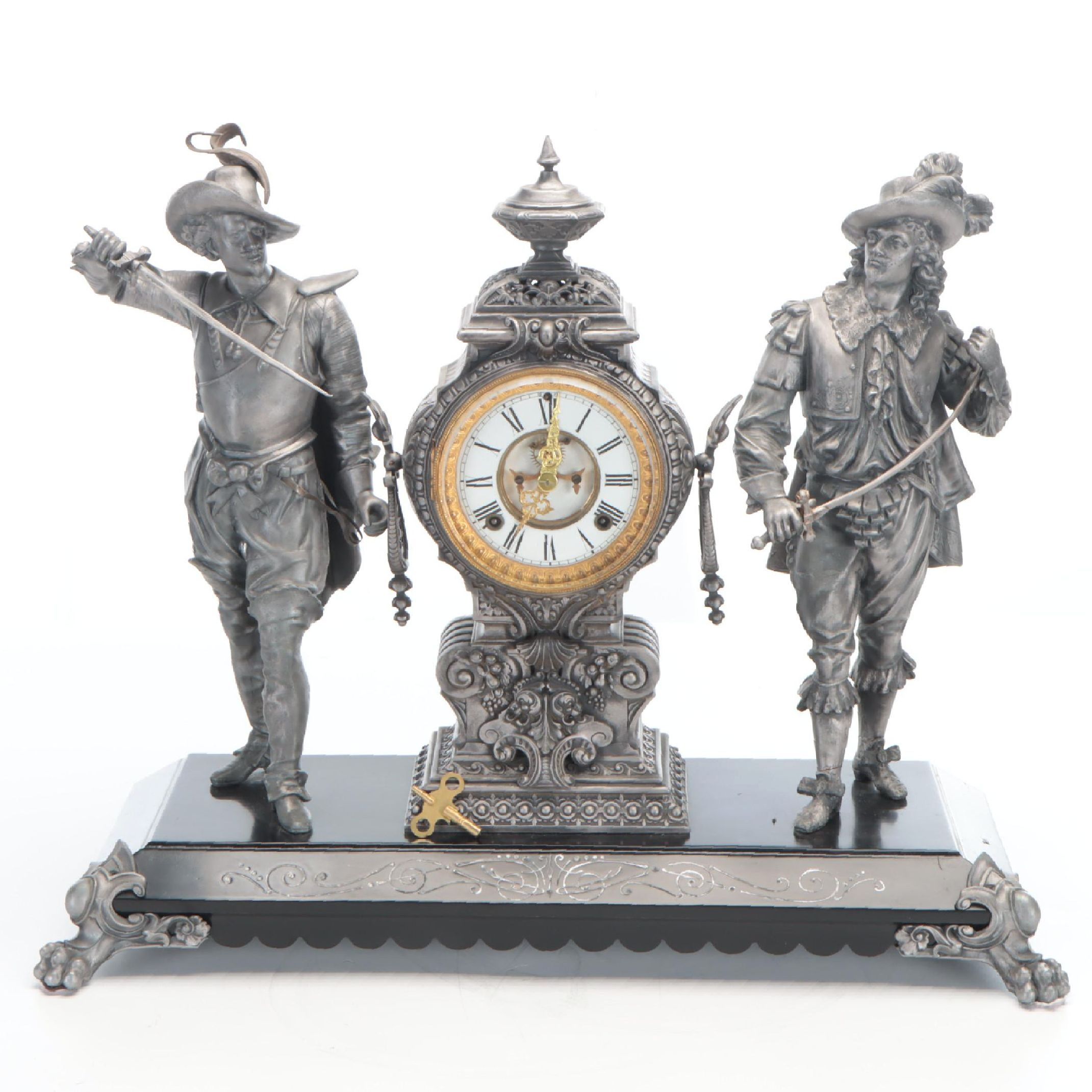 Ansonia "Don Caesar & Don Juan" Double Figure Spelter Mantel Clock