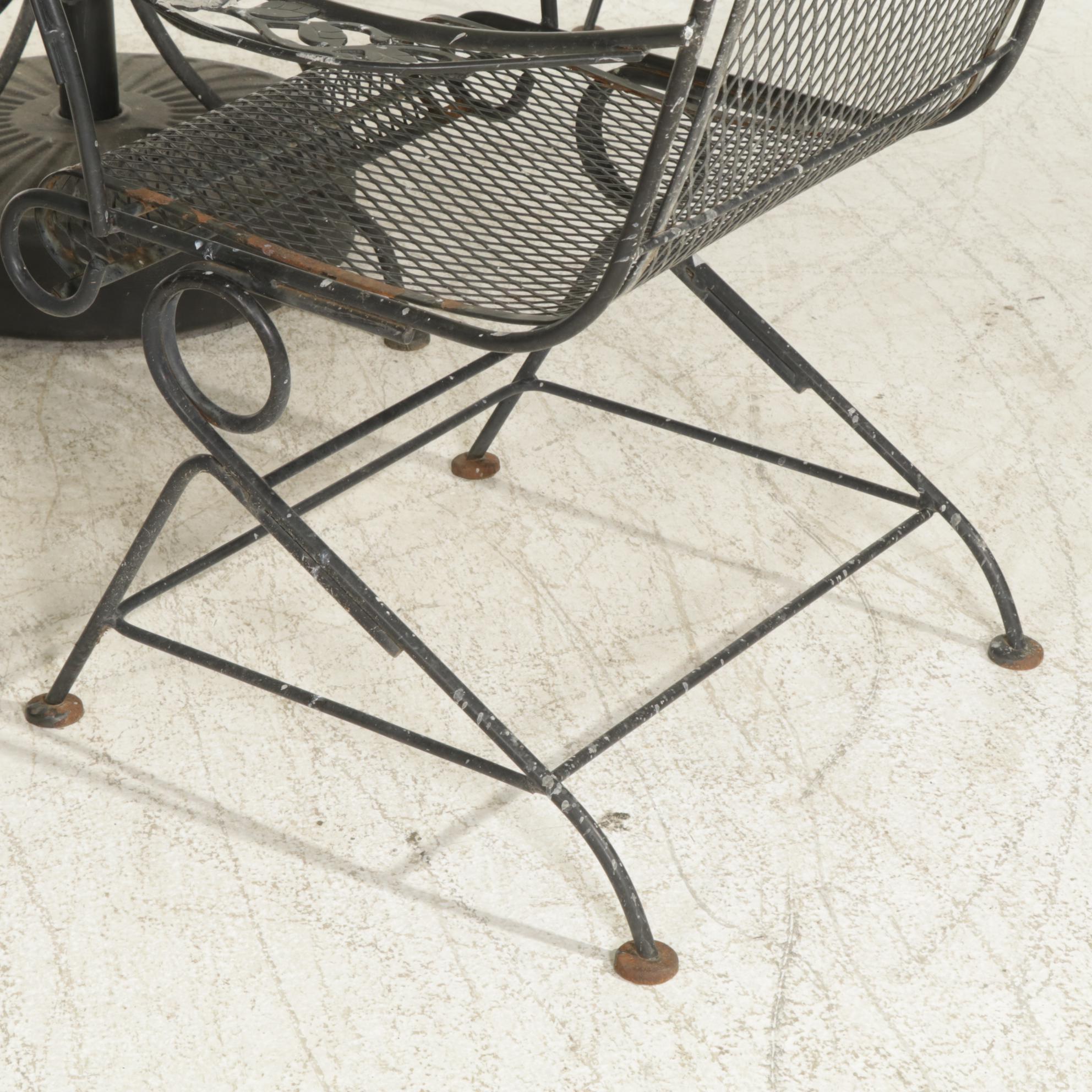 Metal Mesh Patio Dining Table with Four Chairs and Umbrella