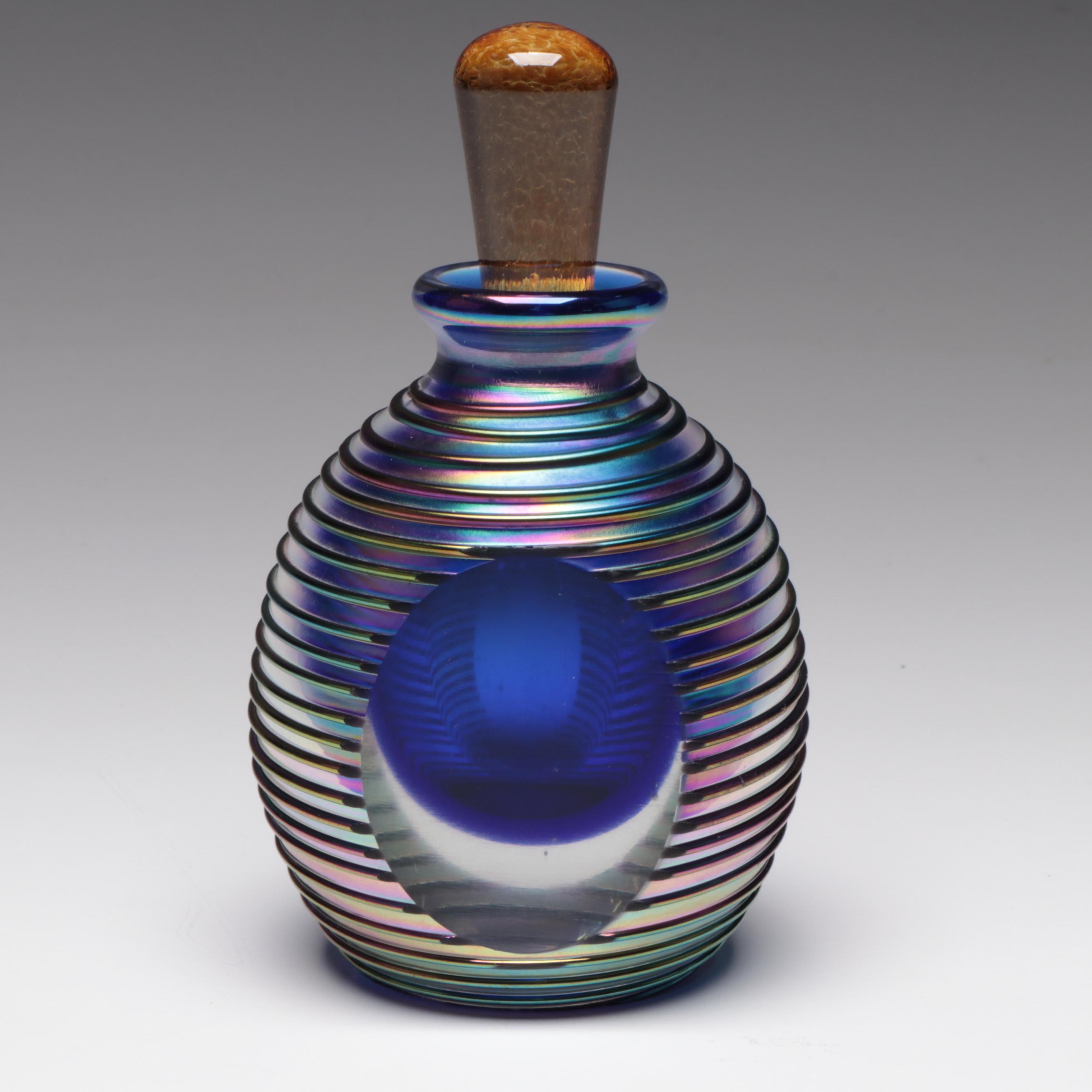 Handmade Blown Art Glass Threaded and Iridescent Stoppered Perfume Bottle