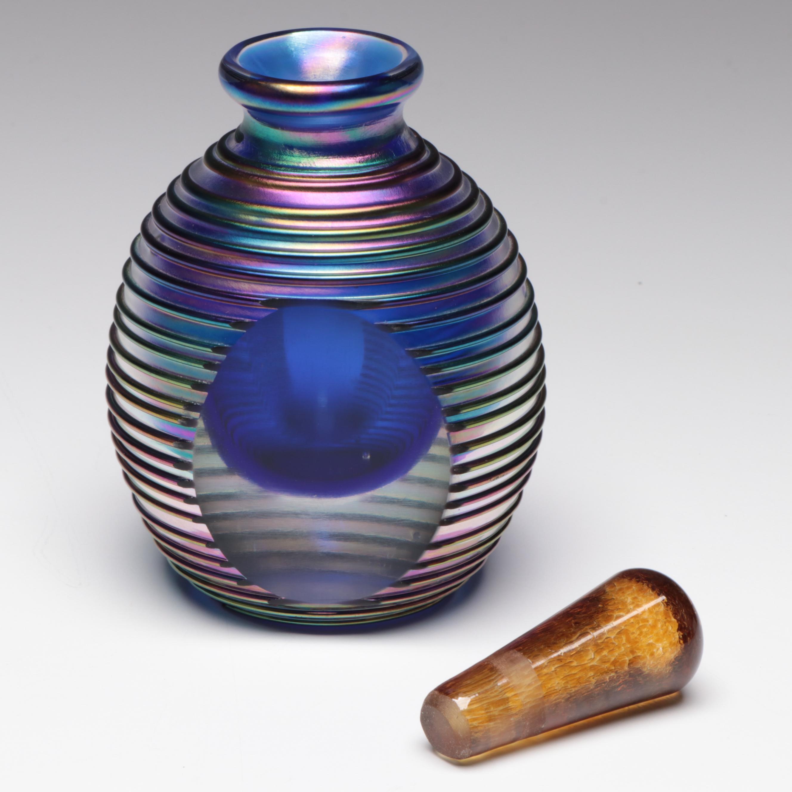 Handmade Blown Art Glass Threaded and Iridescent Stoppered Perfume Bottle