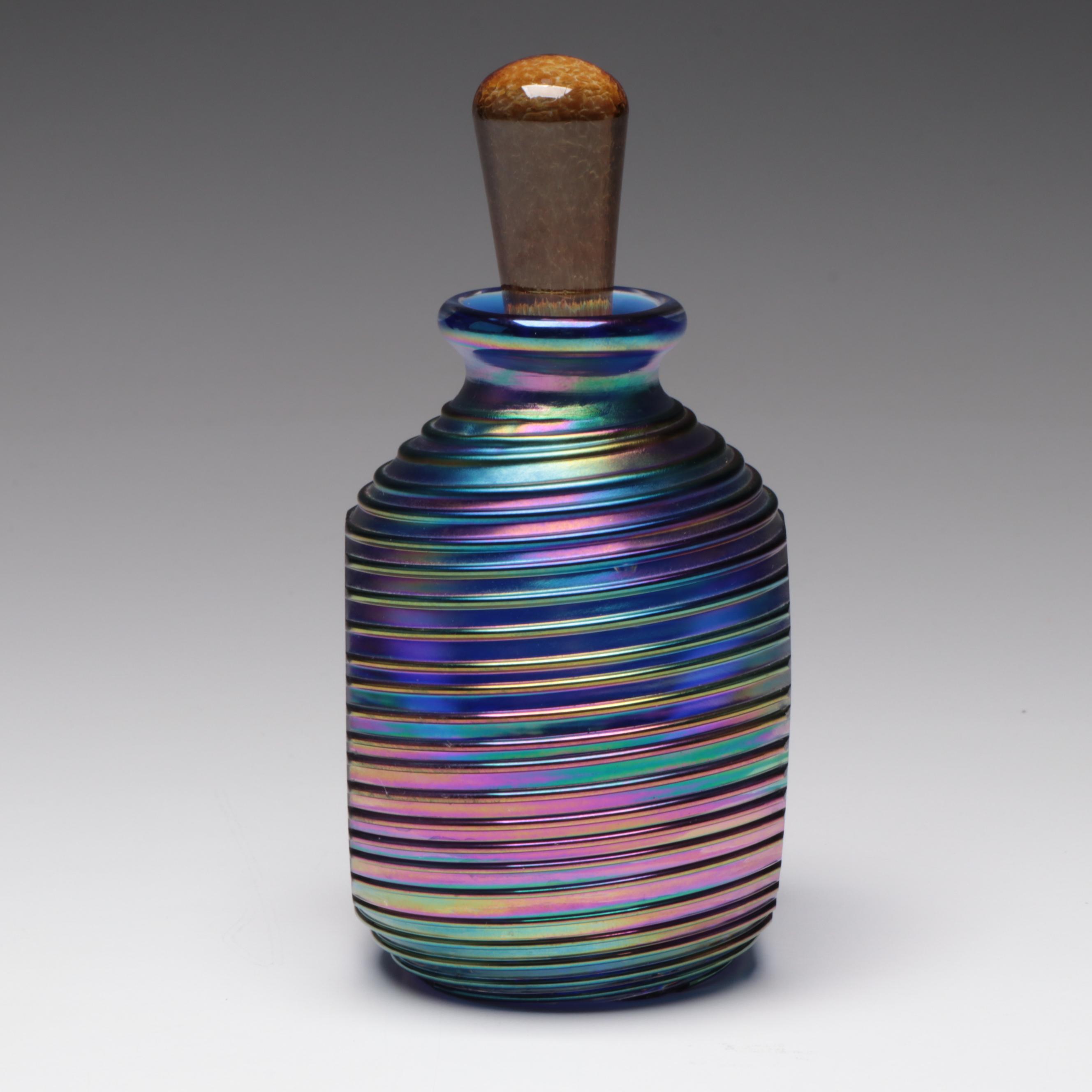 Handmade Blown Art Glass Threaded and Iridescent Stoppered Perfume Bottle