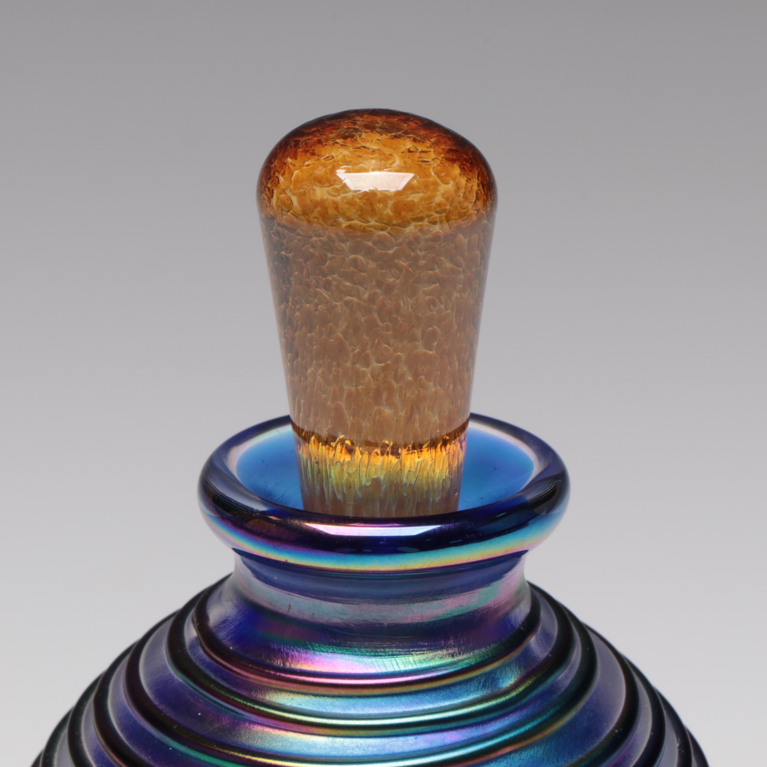 Handmade Blown Art Glass Threaded and Iridescent Stoppered Perfume Bottle