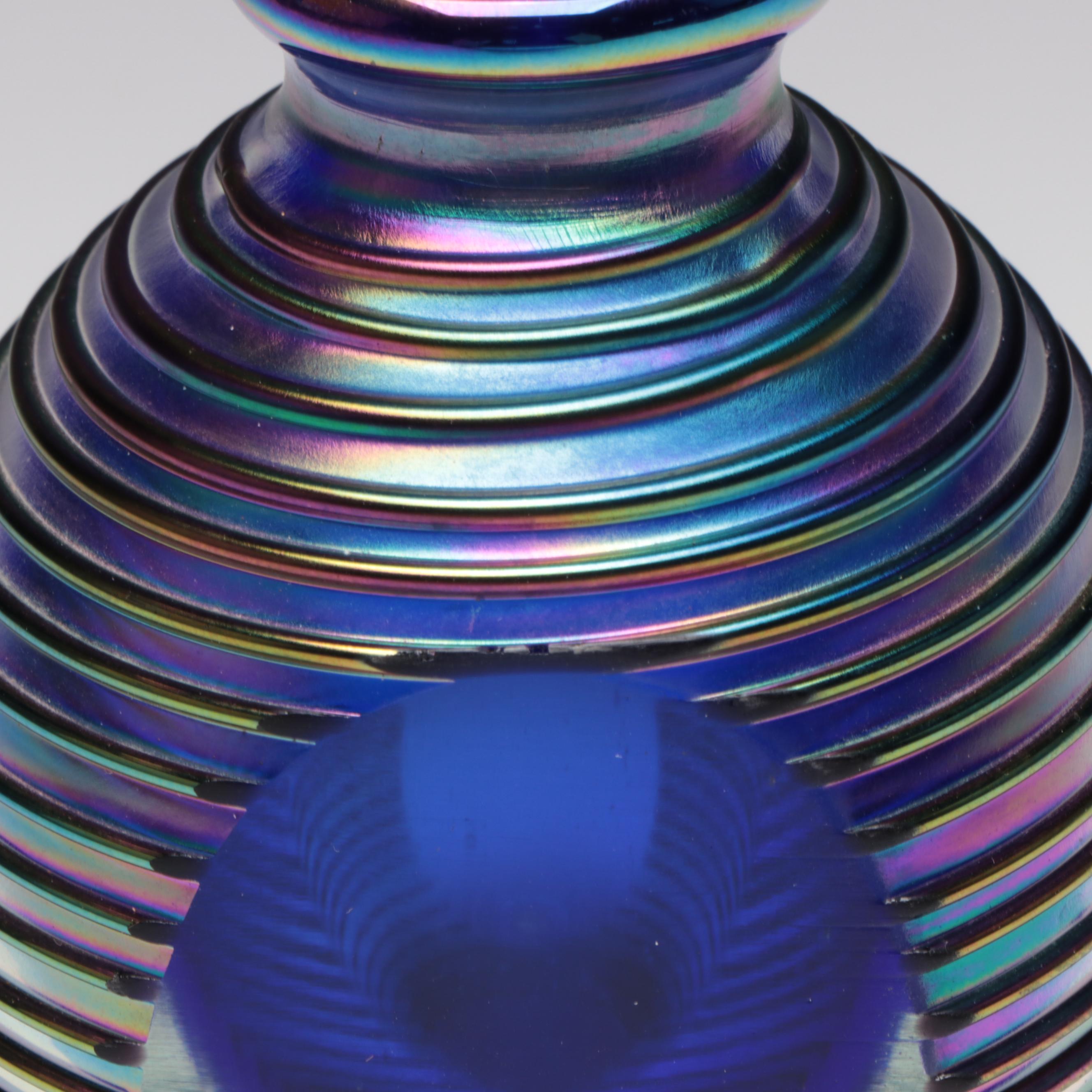 Handmade Blown Art Glass Threaded and Iridescent Stoppered Perfume Bottle