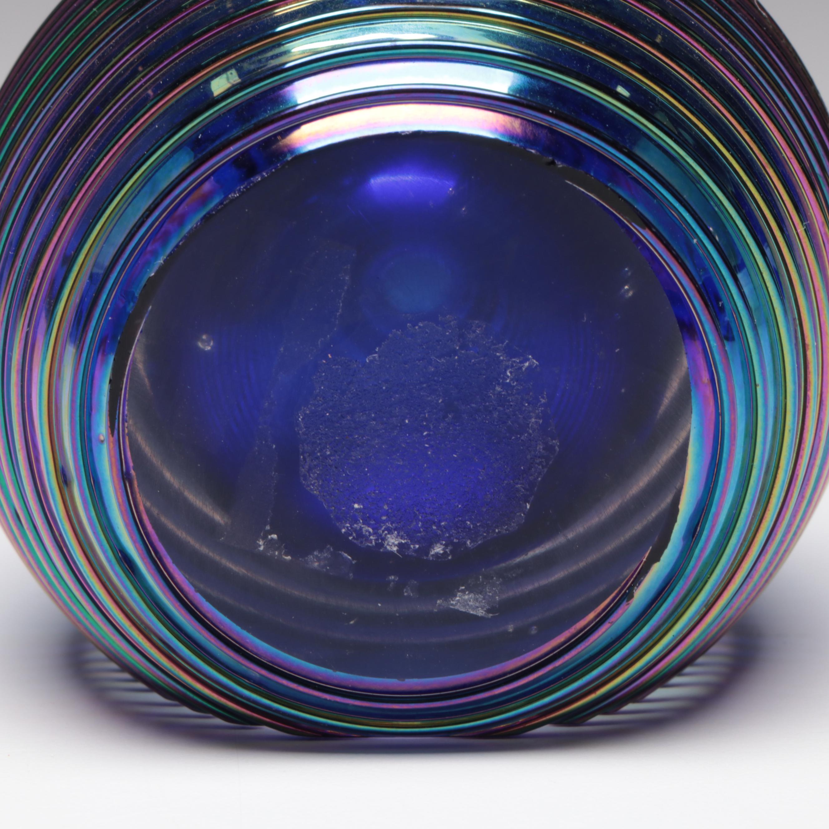 Handmade Blown Art Glass Threaded and Iridescent Stoppered Perfume Bottle