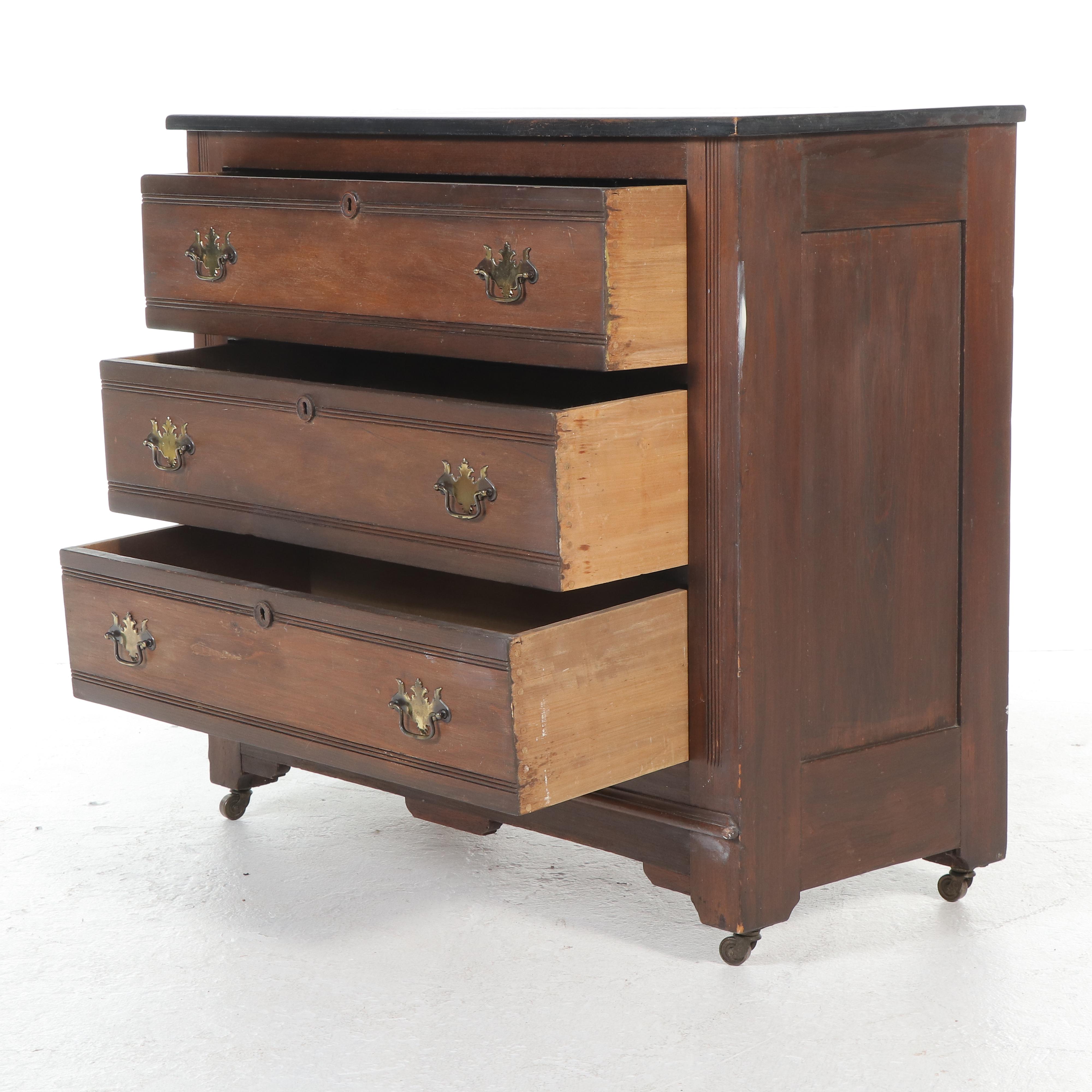 Victorian Poplar and Parcel-Ebonized Three-Drawer Chest, Late 19th Century