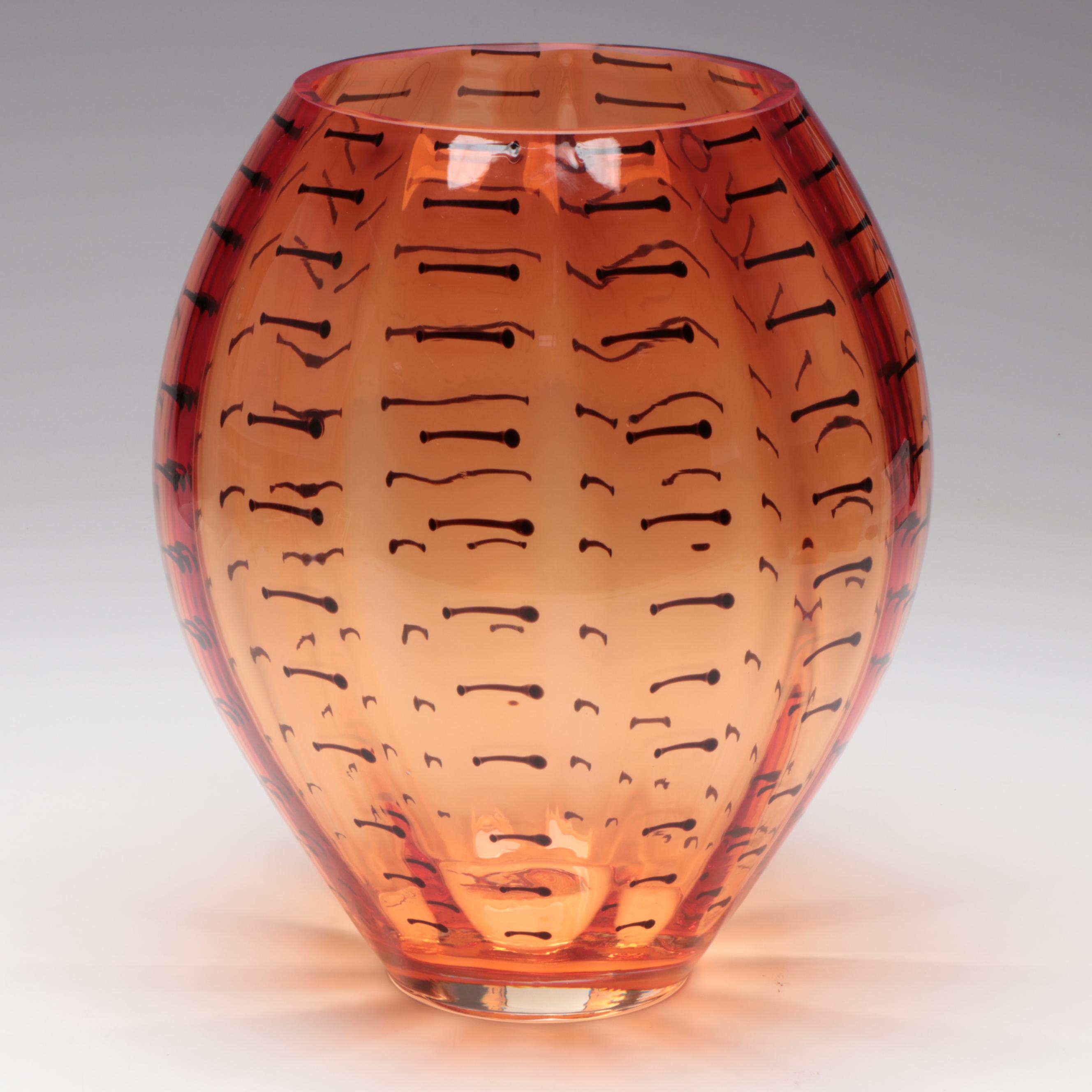 Patterned Orange Blown Art Glass Vase