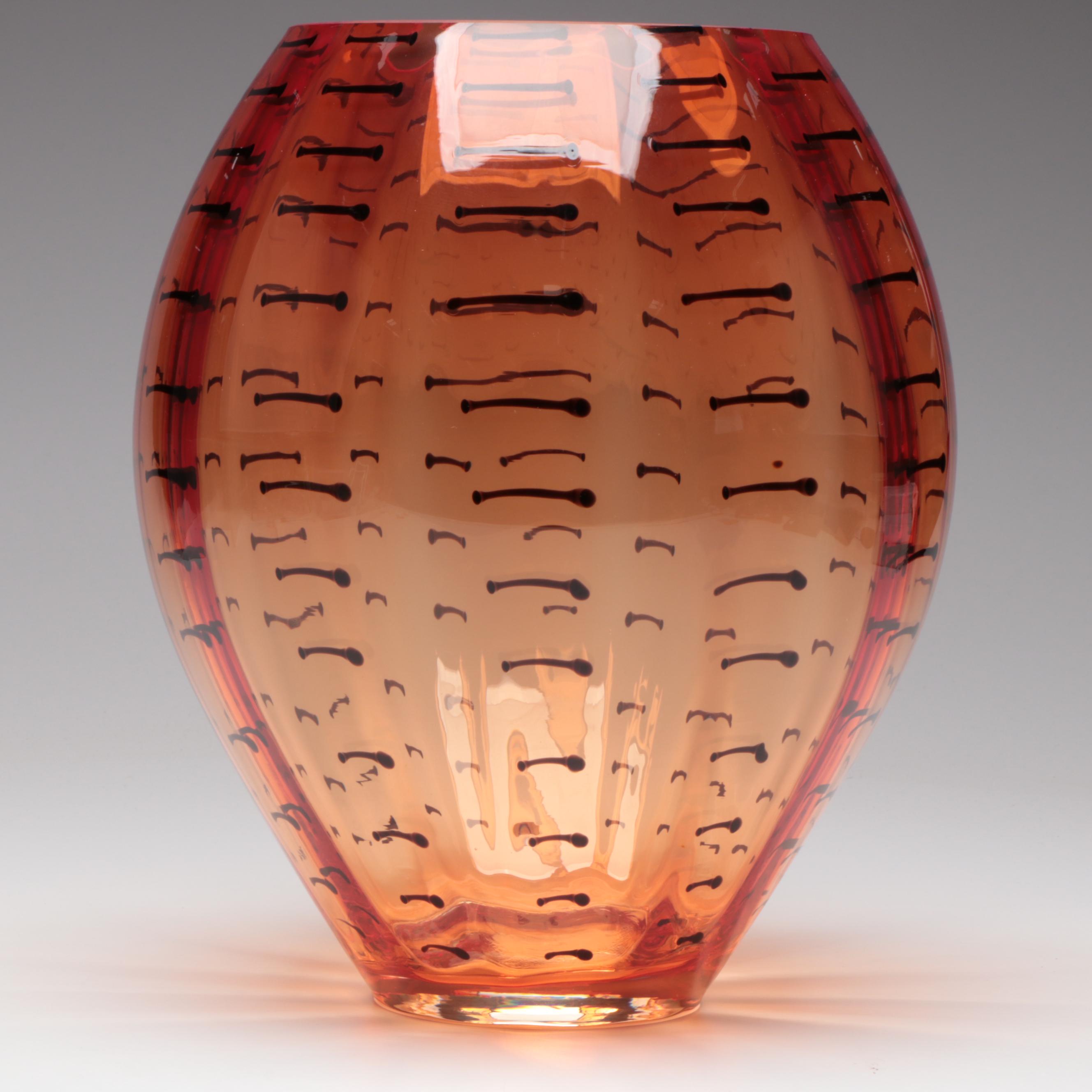 Patterned Orange Blown Art Glass Vase