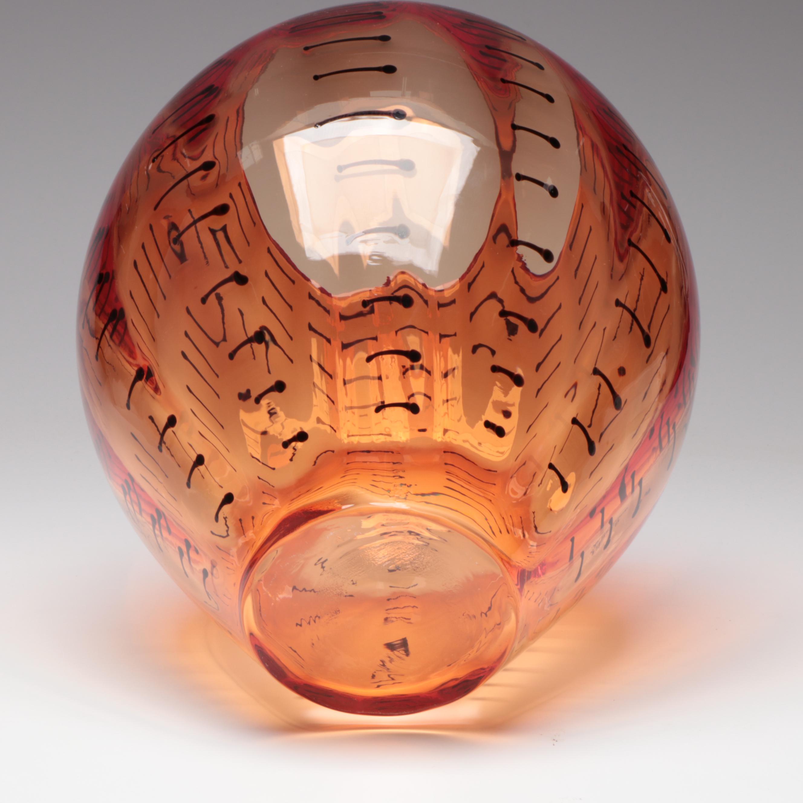 Patterned Orange Blown Art Glass Vase