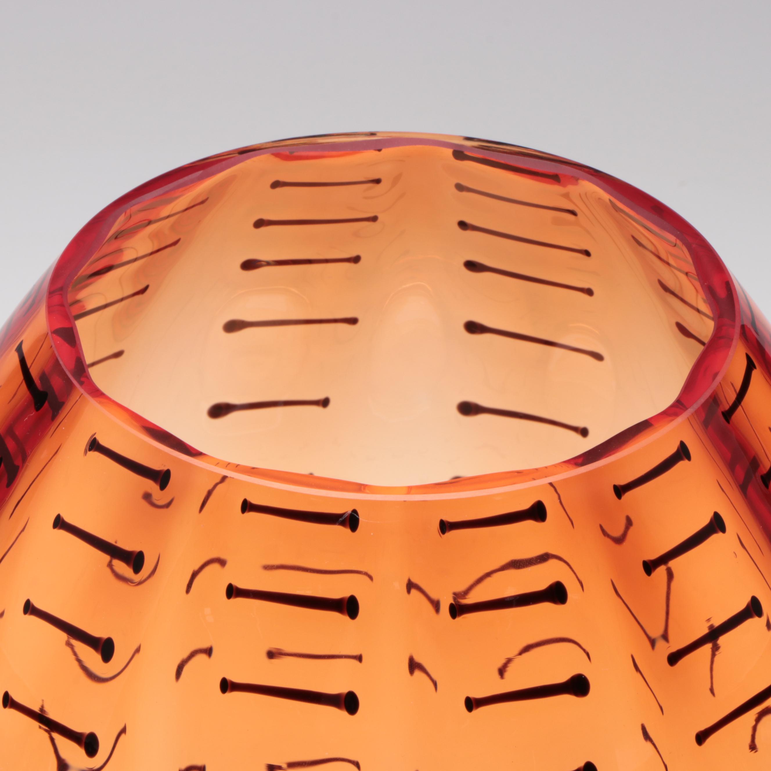 Patterned Orange Blown Art Glass Vase