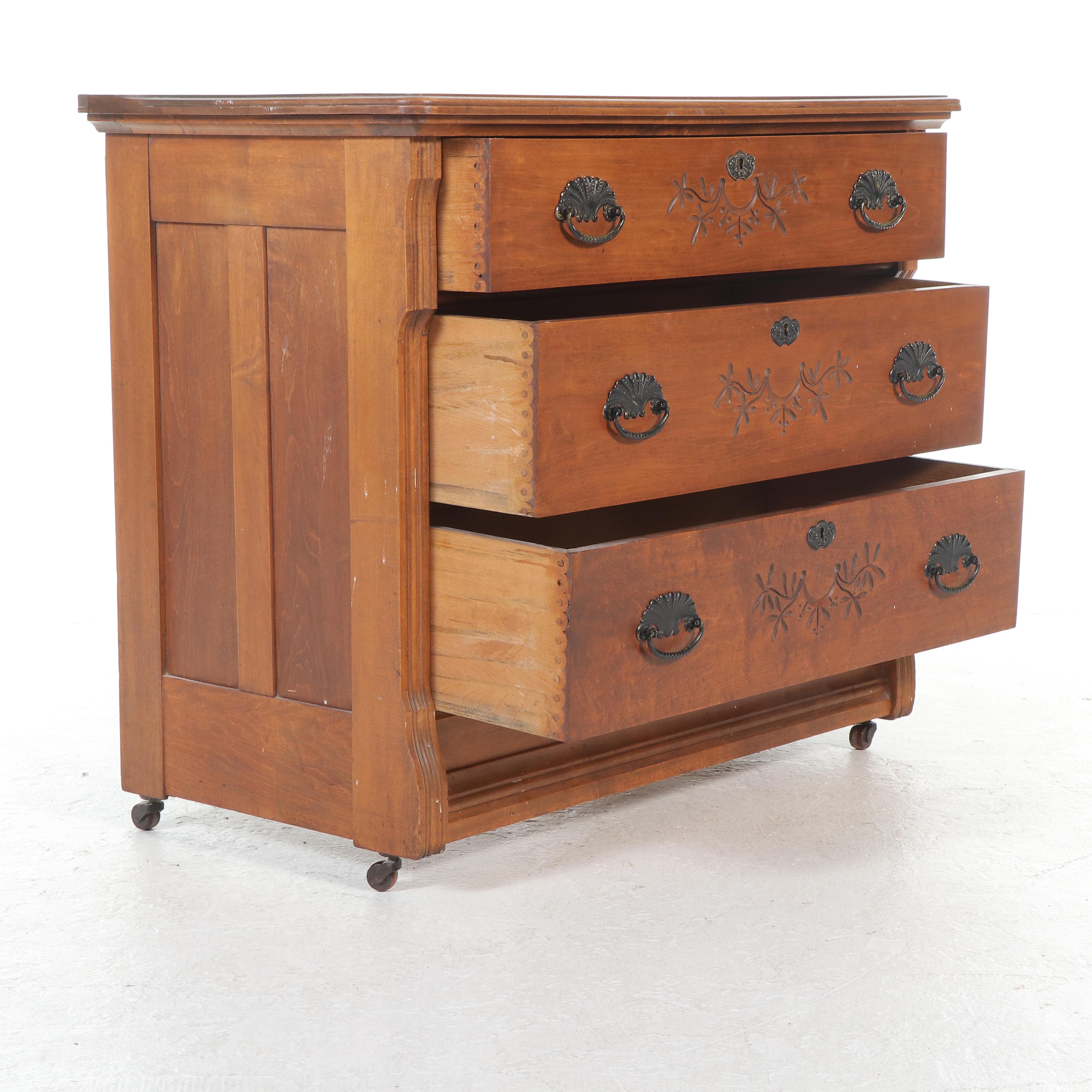 Victorian Chip-Carved Poplar Three-Drawer Chest