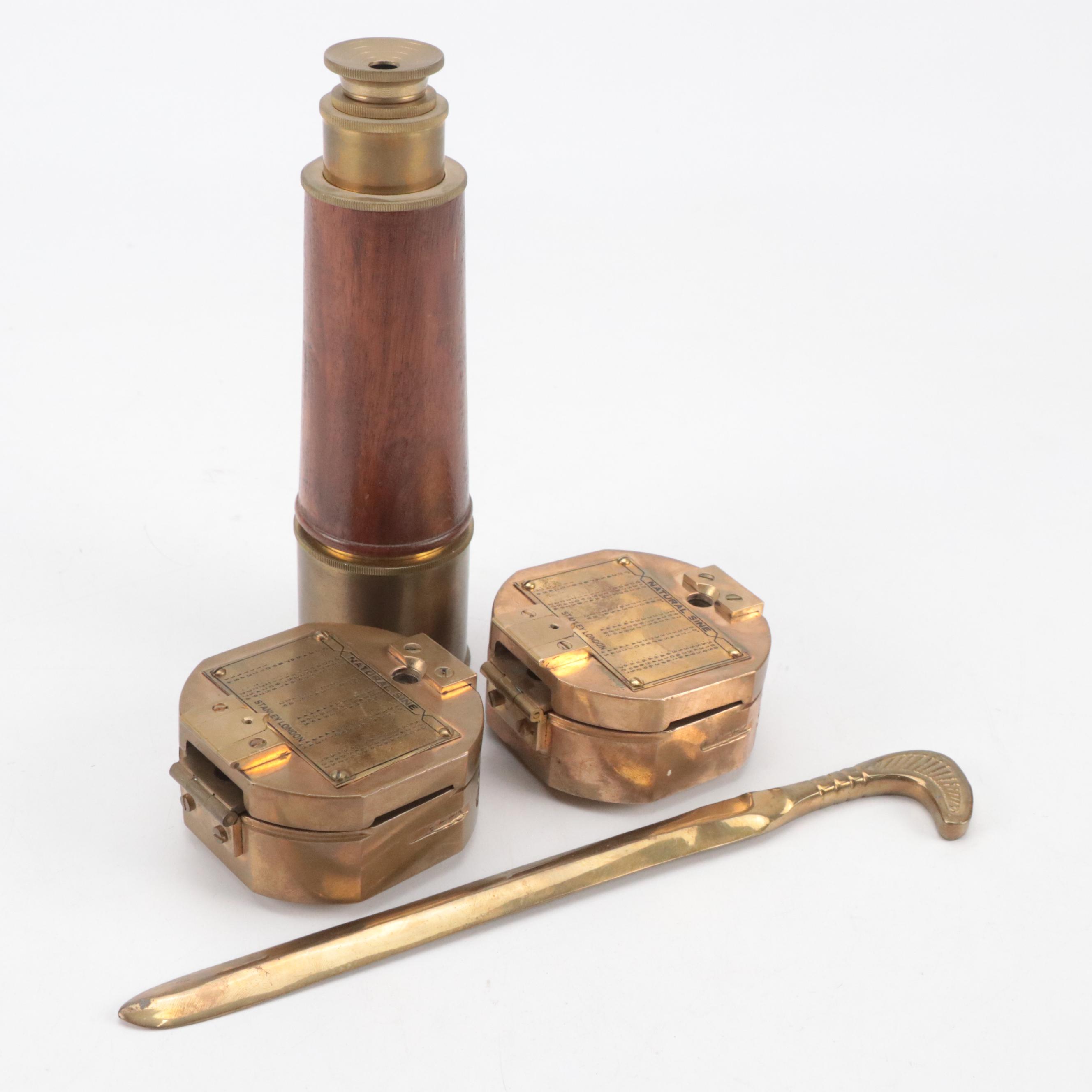Ross London Wood and Brass Nautical Spyglass with Stanley London Compasses