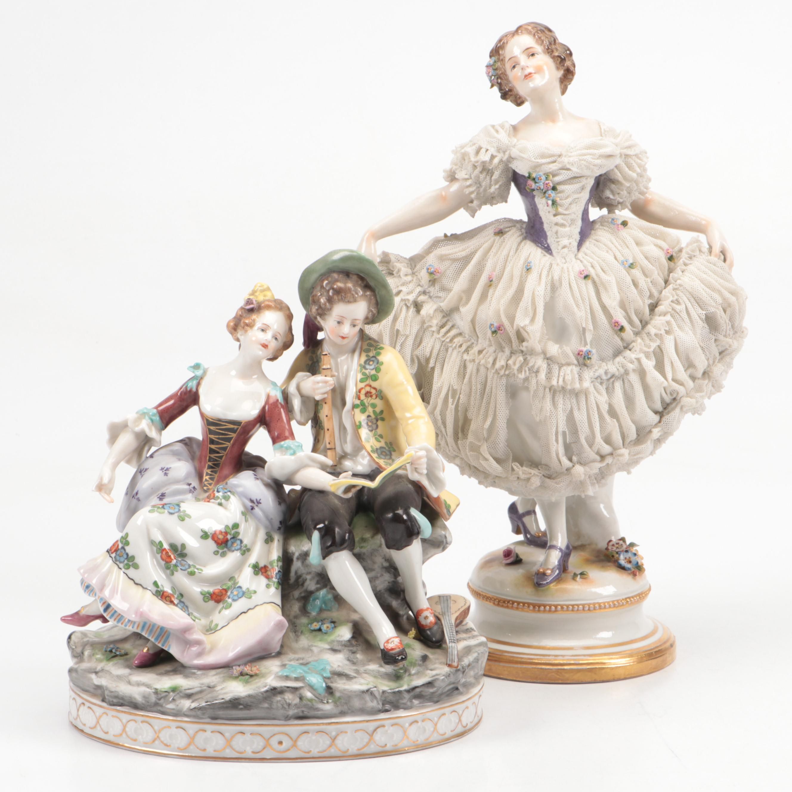 Volkstedt Dresden Lace Porcelain Dancer and Couple Reading Sheet Music Figurines