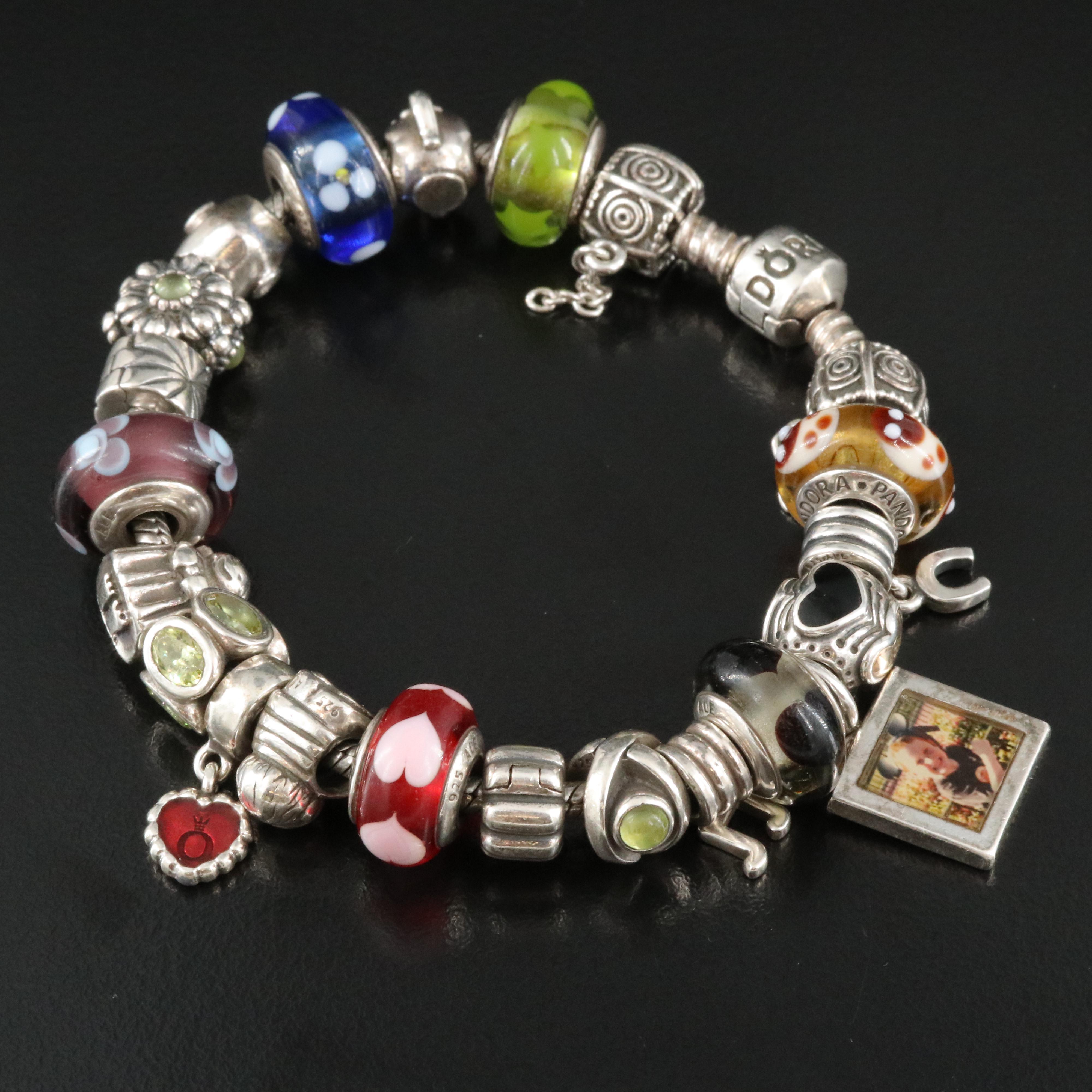 Pandora Sterling Charm Bracelet Featuring Peridot, CZ and Glass
