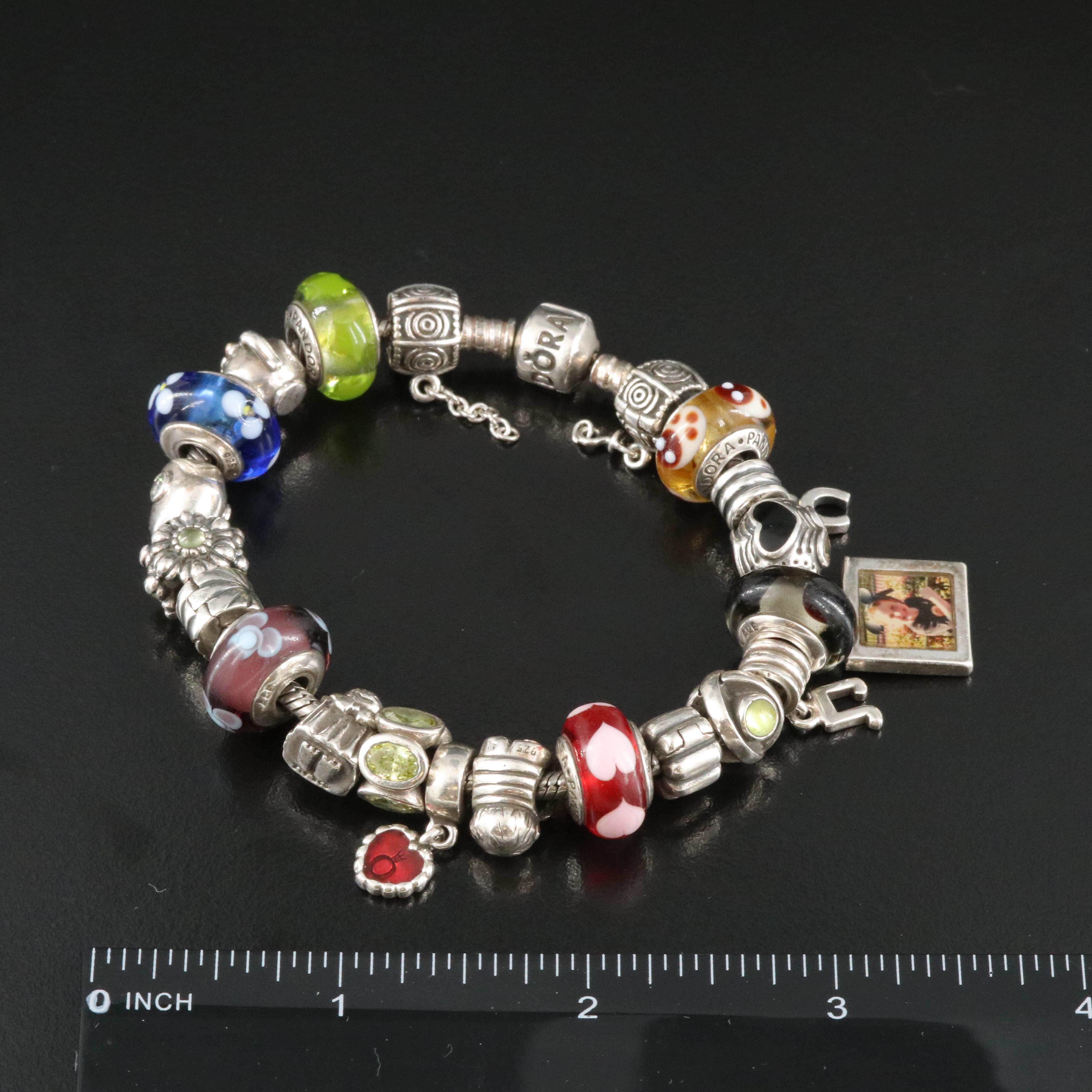 Pandora Sterling Charm Bracelet Featuring Peridot, CZ and Glass