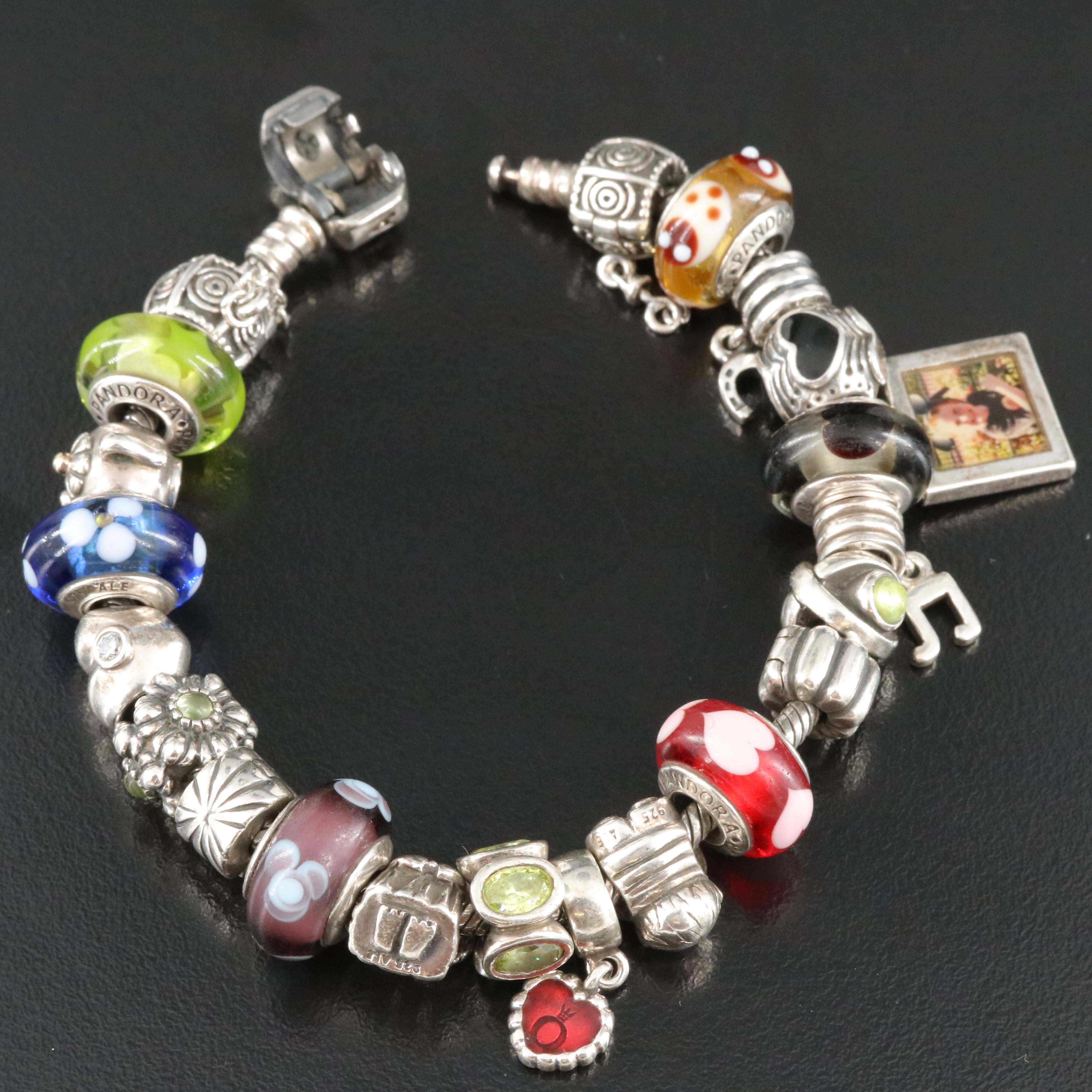 Pandora Sterling Charm Bracelet Featuring Peridot, CZ and Glass