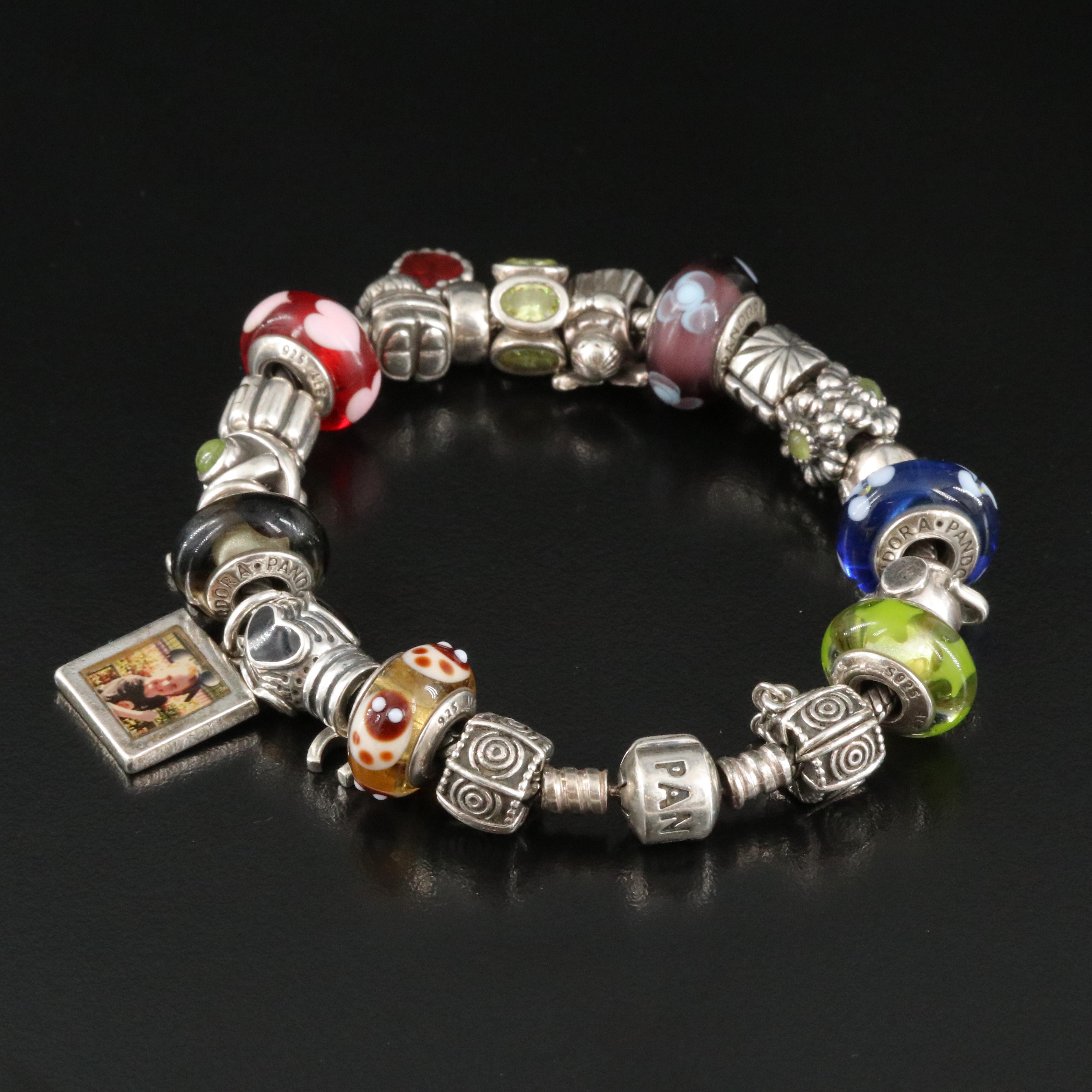 Pandora Sterling Charm Bracelet Featuring Peridot, CZ and Glass