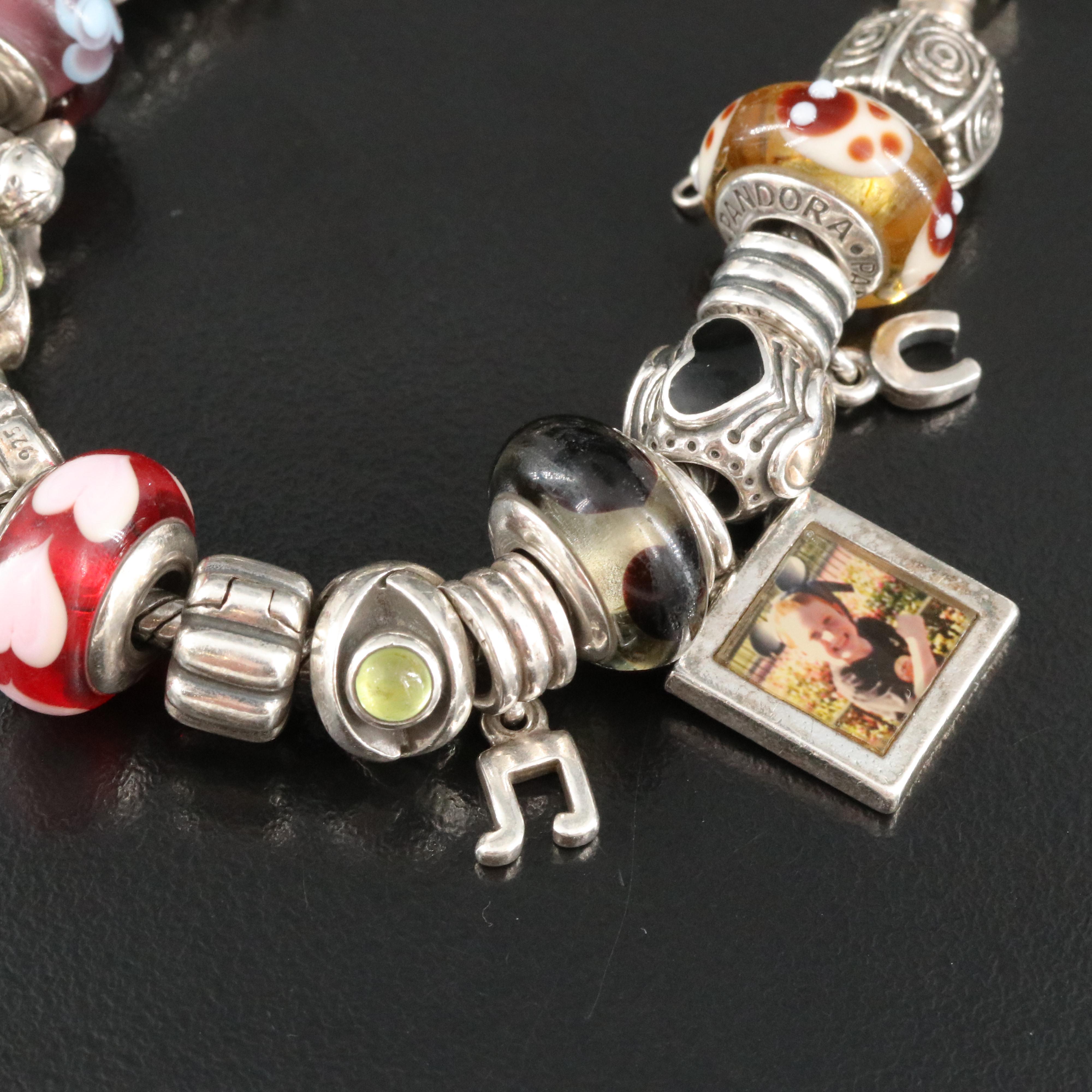 Pandora Sterling Charm Bracelet Featuring Peridot, CZ and Glass