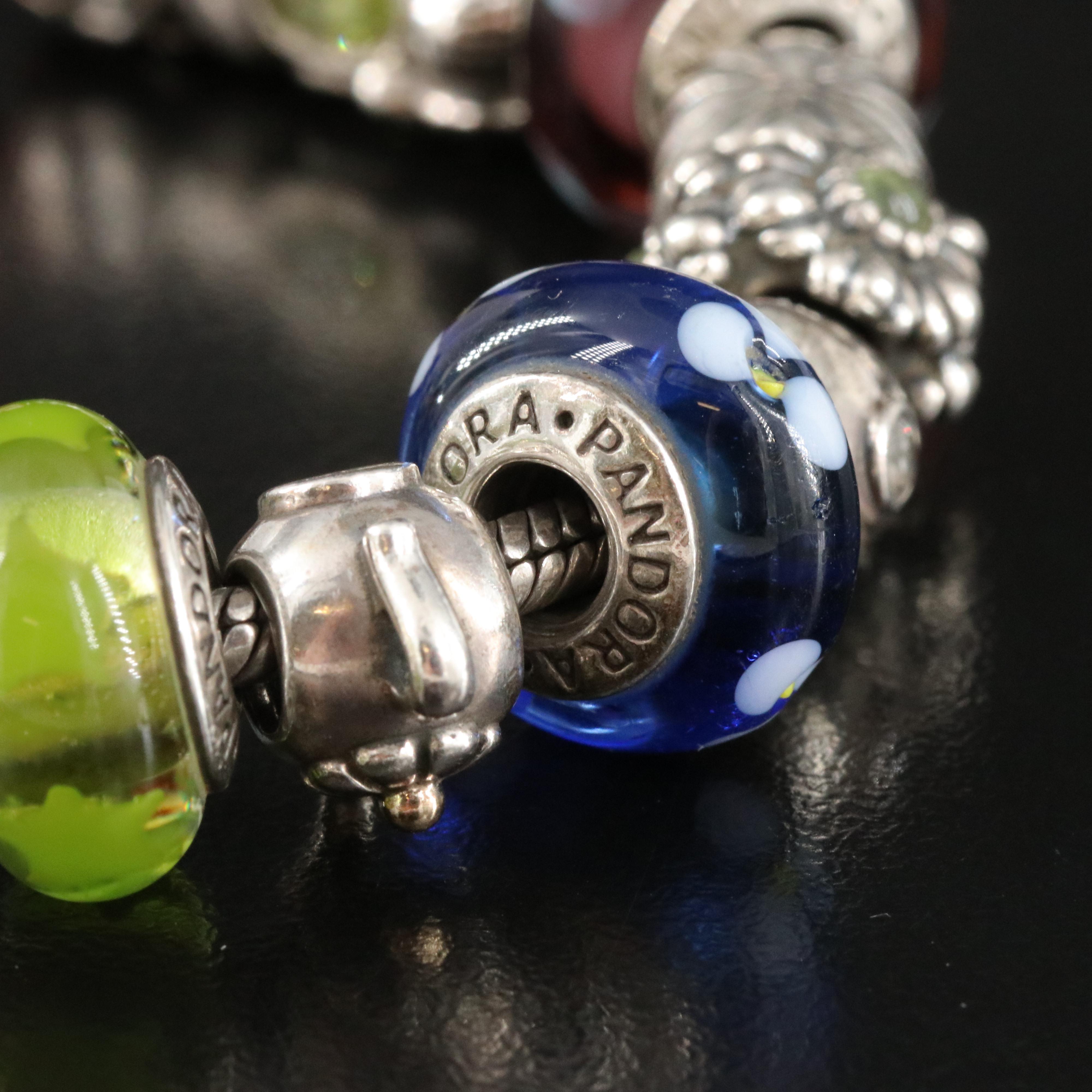 Pandora Sterling Charm Bracelet Featuring Peridot, CZ and Glass