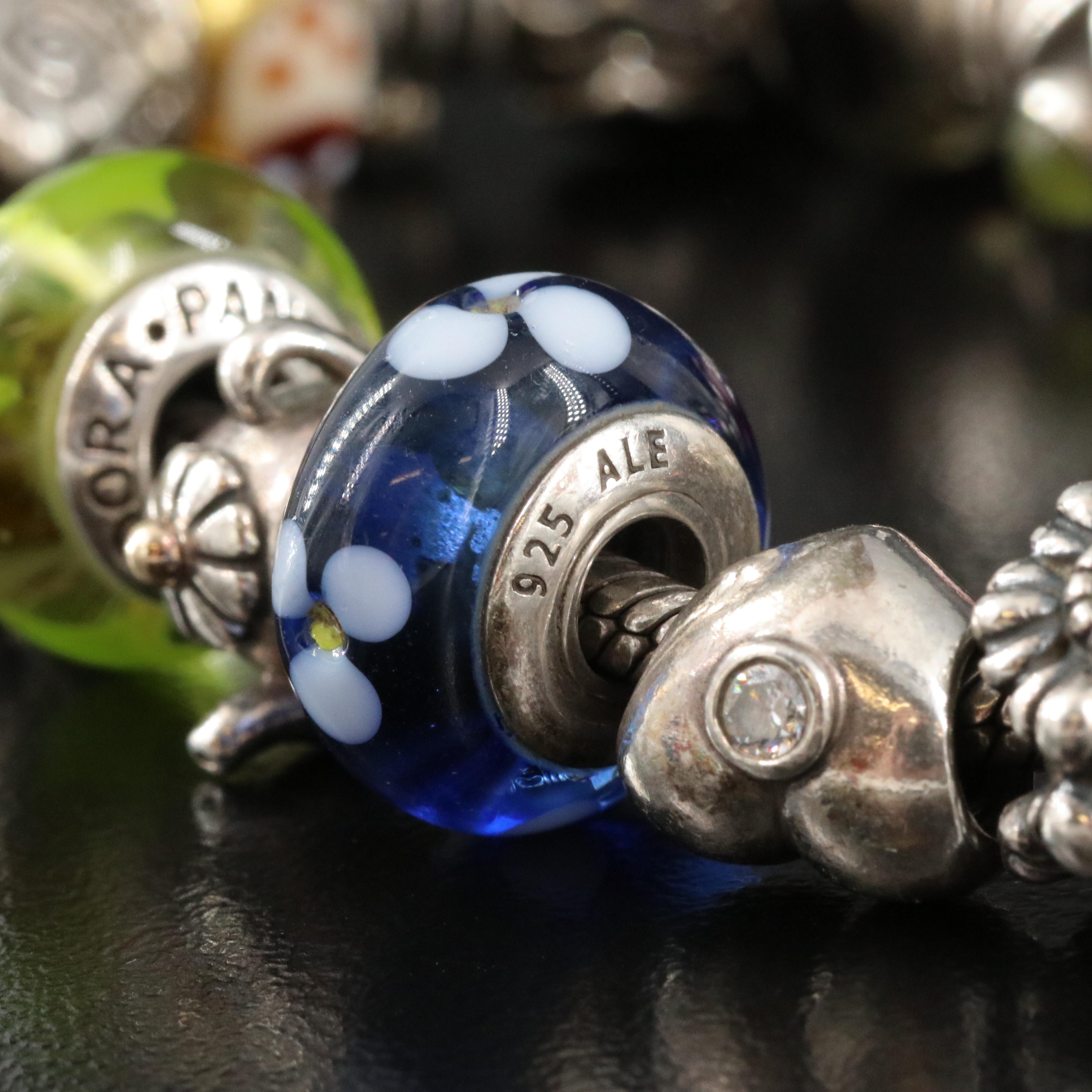 Pandora Sterling Charm Bracelet Featuring Peridot, CZ and Glass