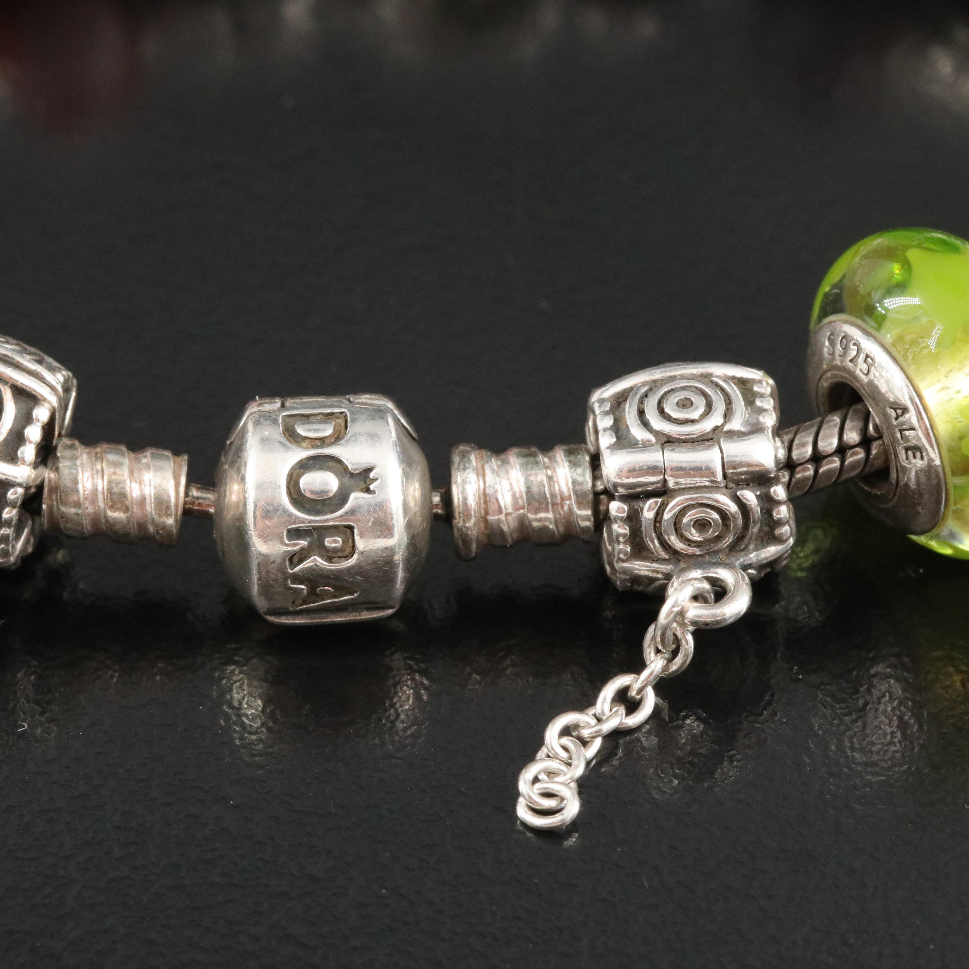 Pandora Sterling Charm Bracelet Featuring Peridot, CZ and Glass