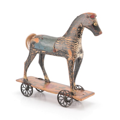 Victorian Folk Art Wooden Horse Pull Toy, Late 19th/ Early 20th Century