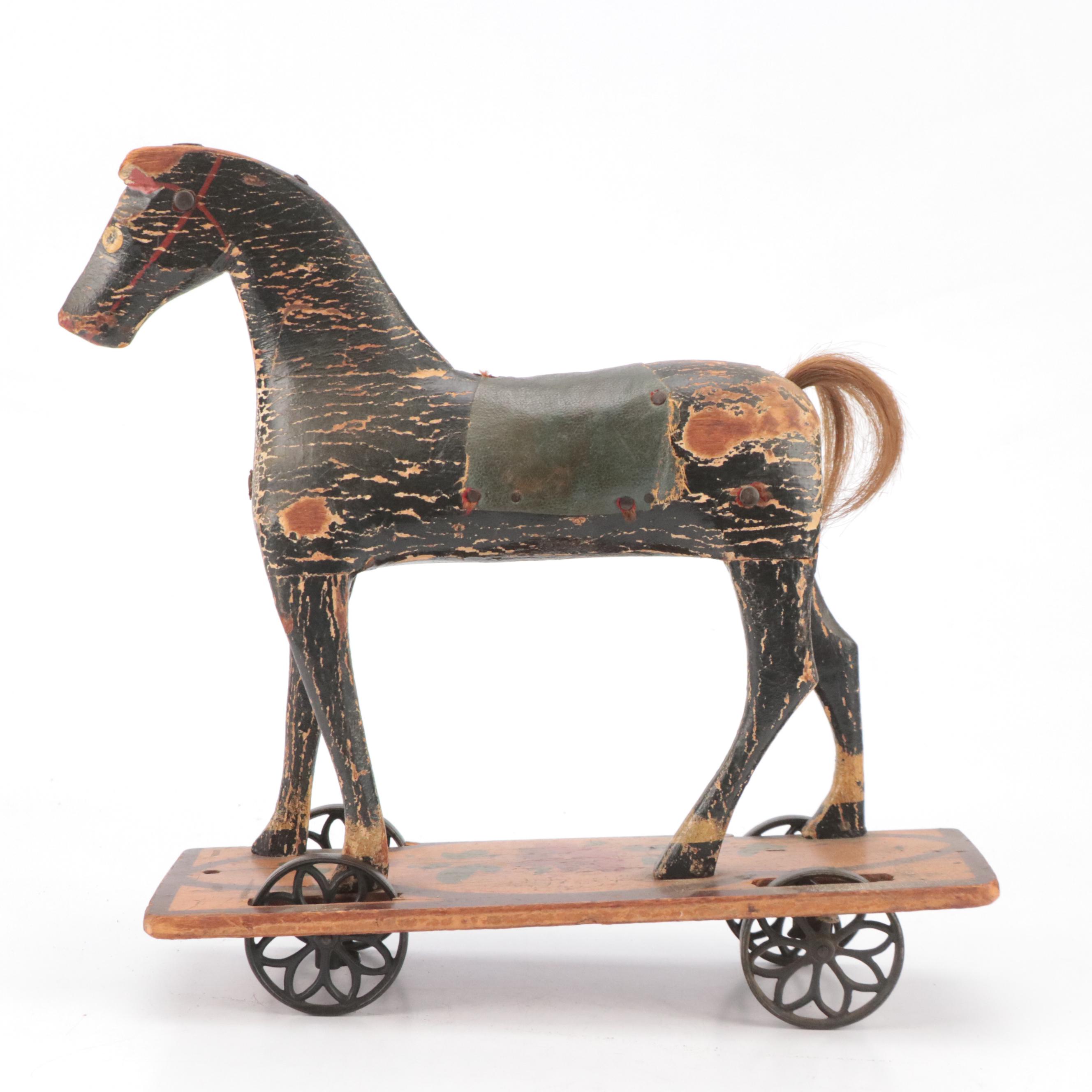 Victorian Folk Art Wooden Horse Pull Toy, Late 19th/ Early 20th Century