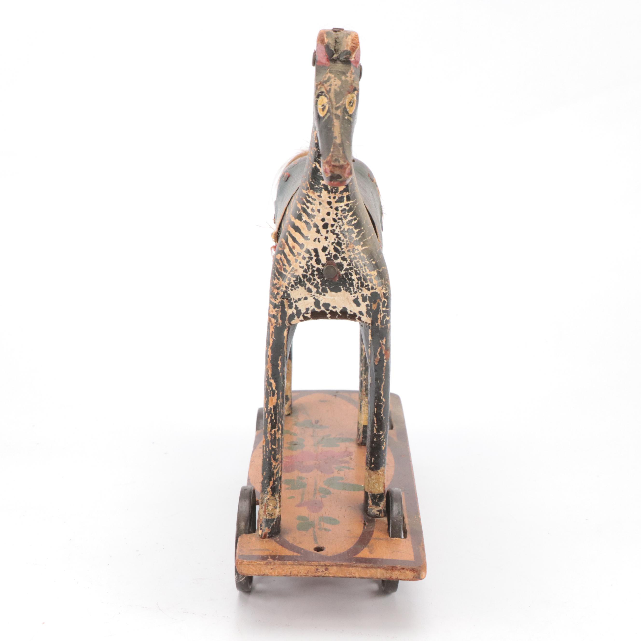 Victorian Folk Art Wooden Horse Pull Toy, Late 19th/ Early 20th Century