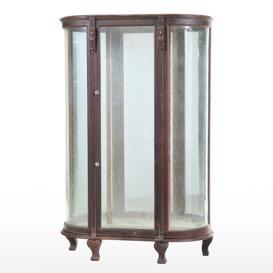 Renaissance Revival Oak Bow Front China Cabinet, Early 20th Century