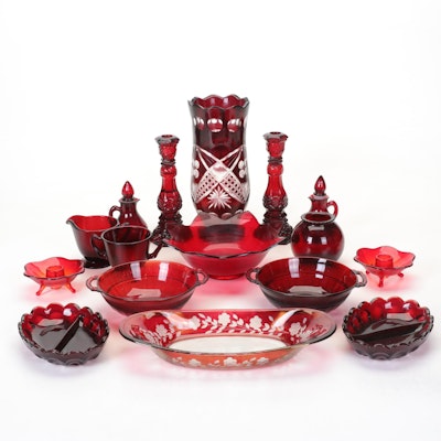 Ruby Cut to Clear Vase and Relish Dish with Other Ruby Red Glass Items