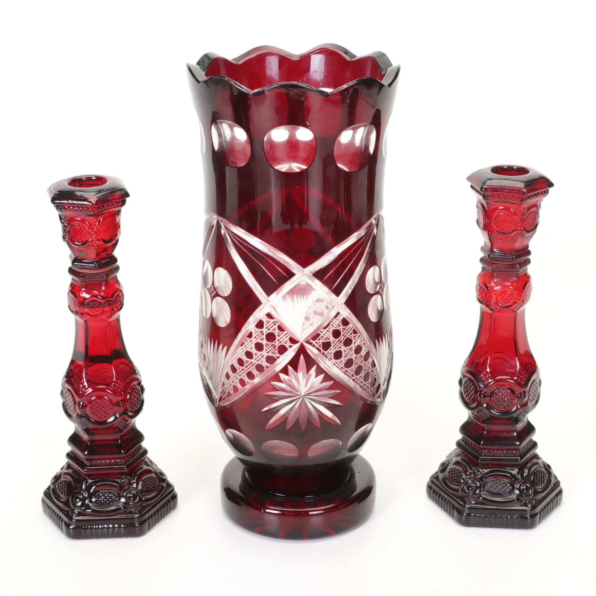 Ruby Cut to Clear Vase and Relish Dish with Other Ruby Red Glass Items