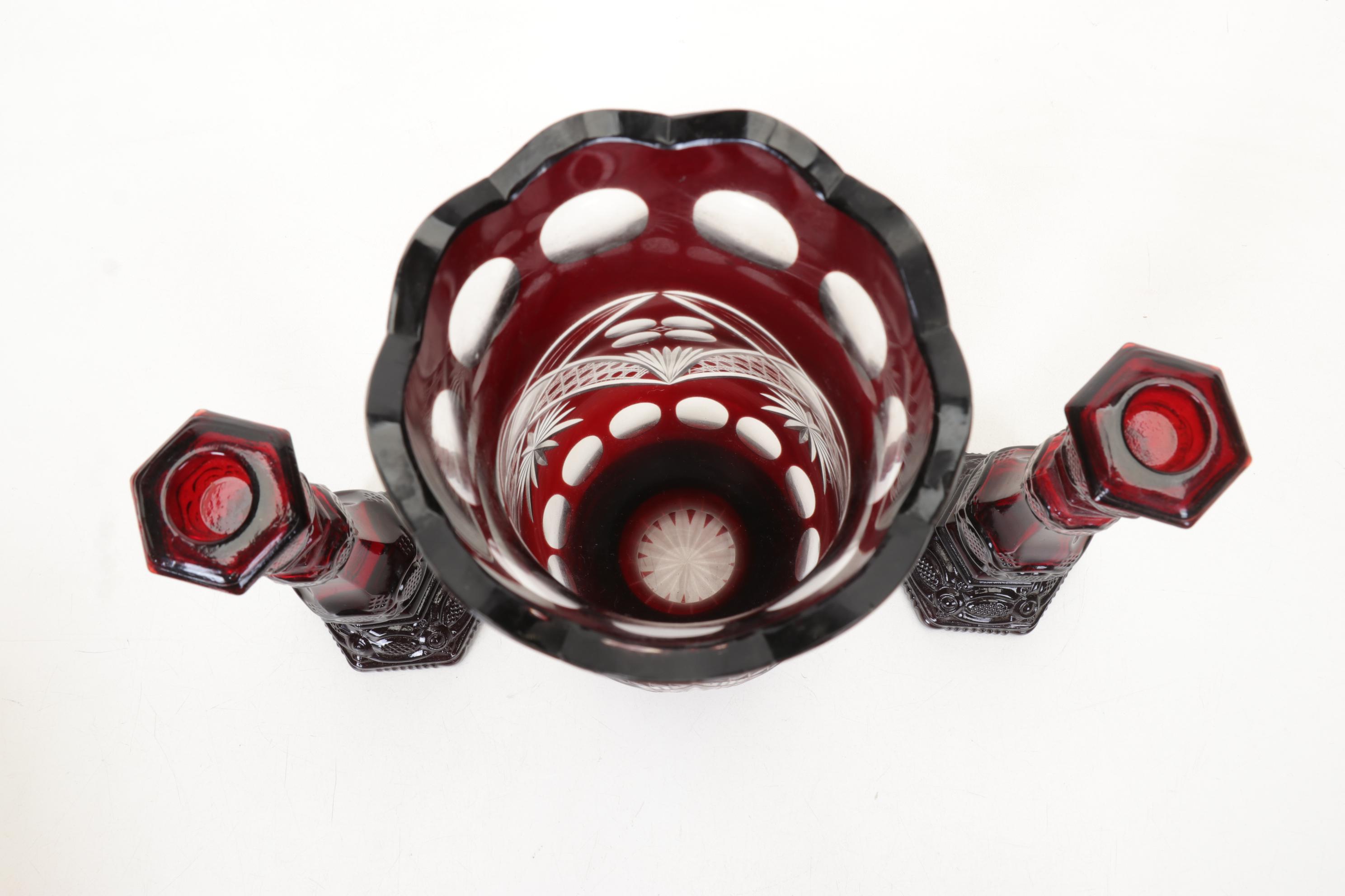 Ruby Cut to Clear Vase and Relish Dish with Other Ruby Red Glass Items