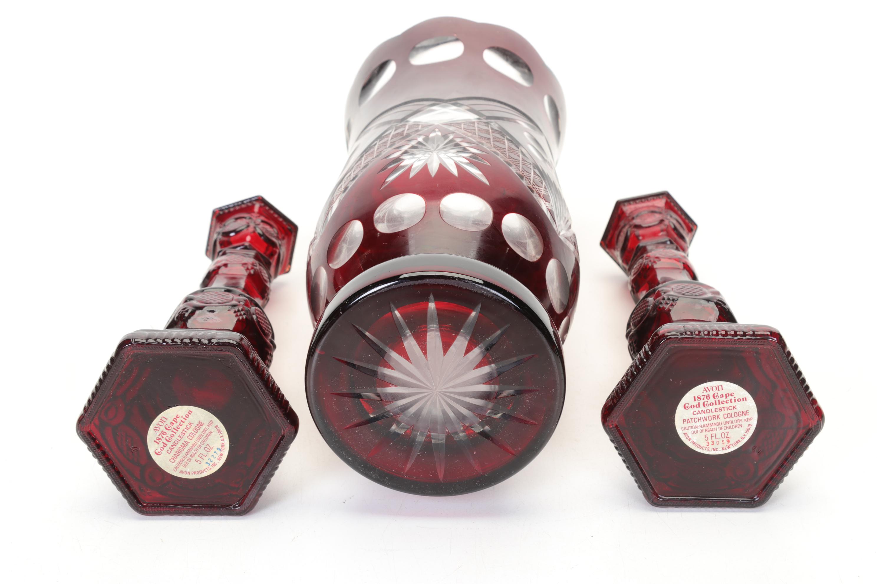 Ruby Cut to Clear Vase and Relish Dish with Other Ruby Red Glass Items