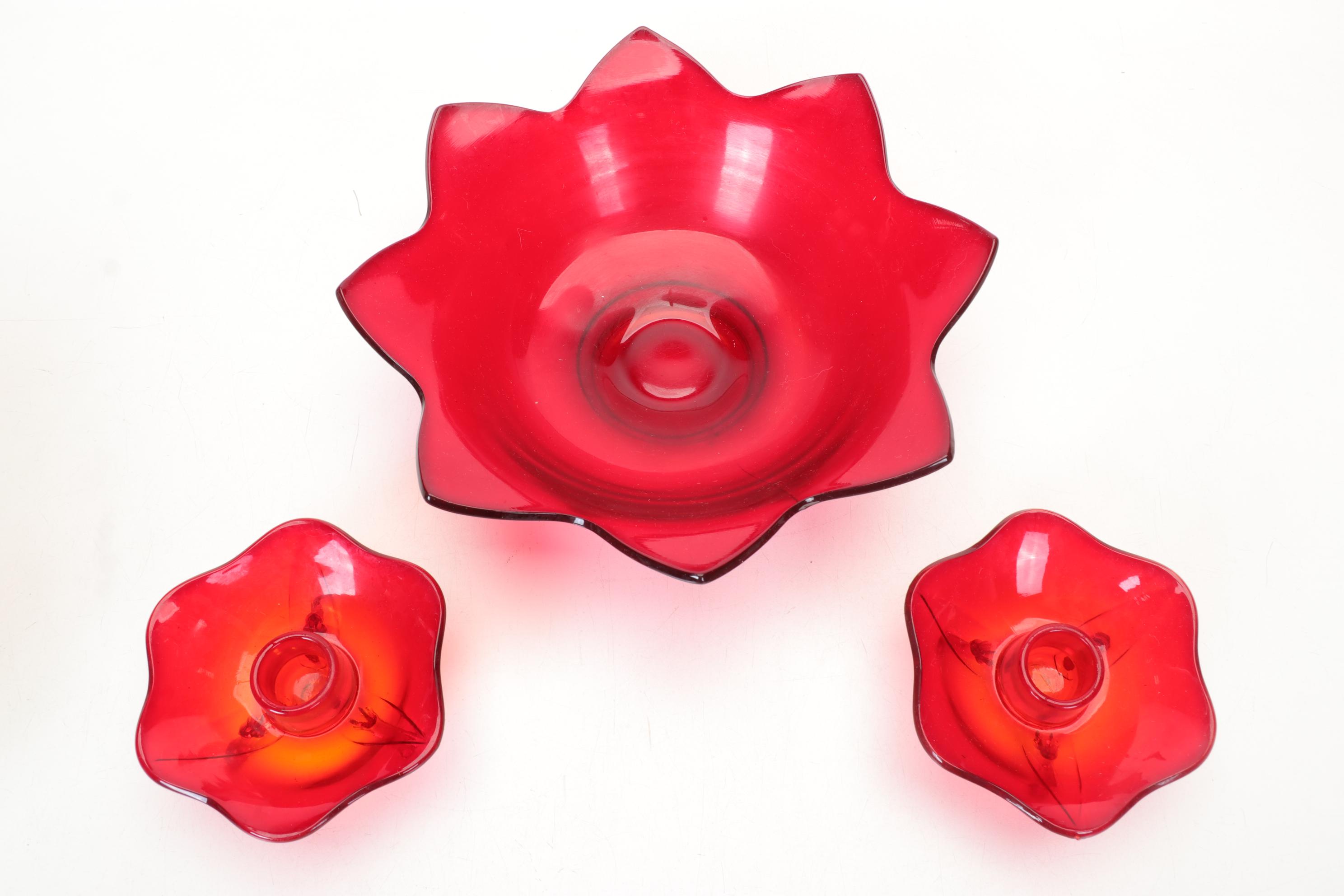 Ruby Cut to Clear Vase and Relish Dish with Other Ruby Red Glass Items