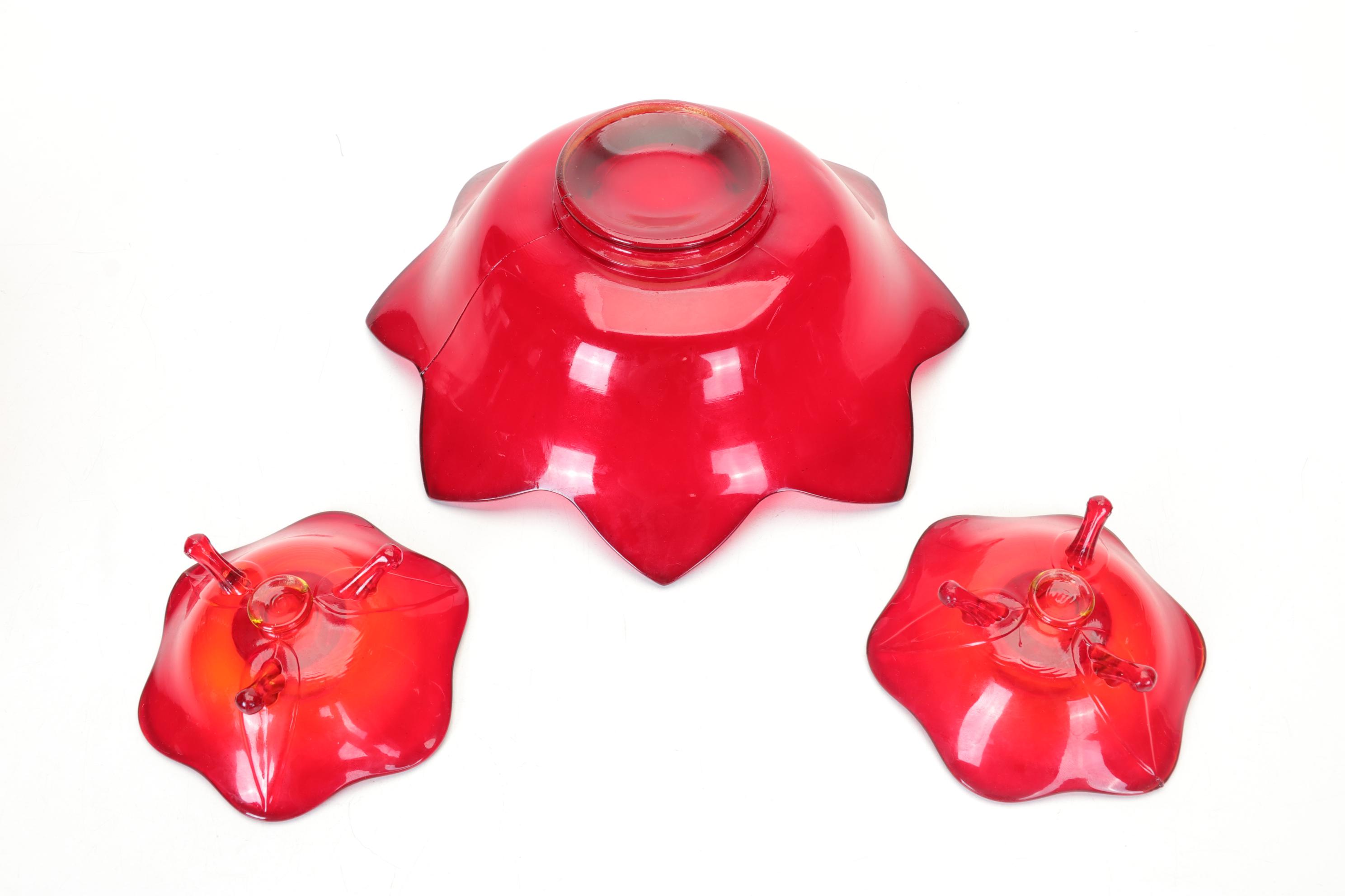 Ruby Cut to Clear Vase and Relish Dish with Other Ruby Red Glass Items