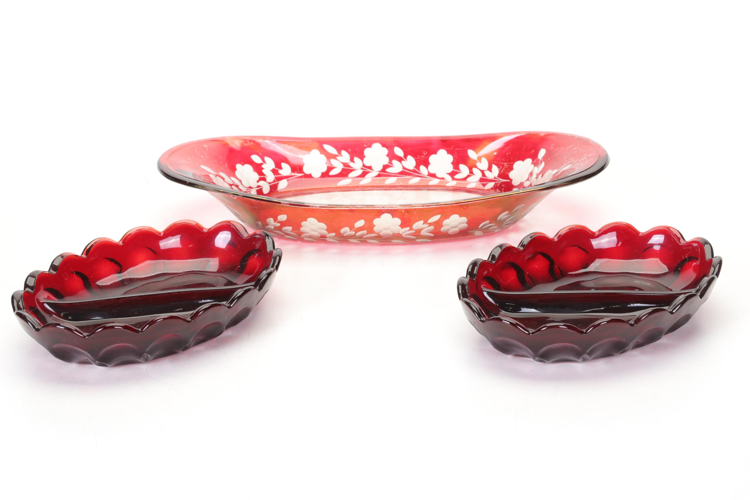 Ruby Cut to Clear Vase and Relish Dish with Other Ruby Red Glass Items