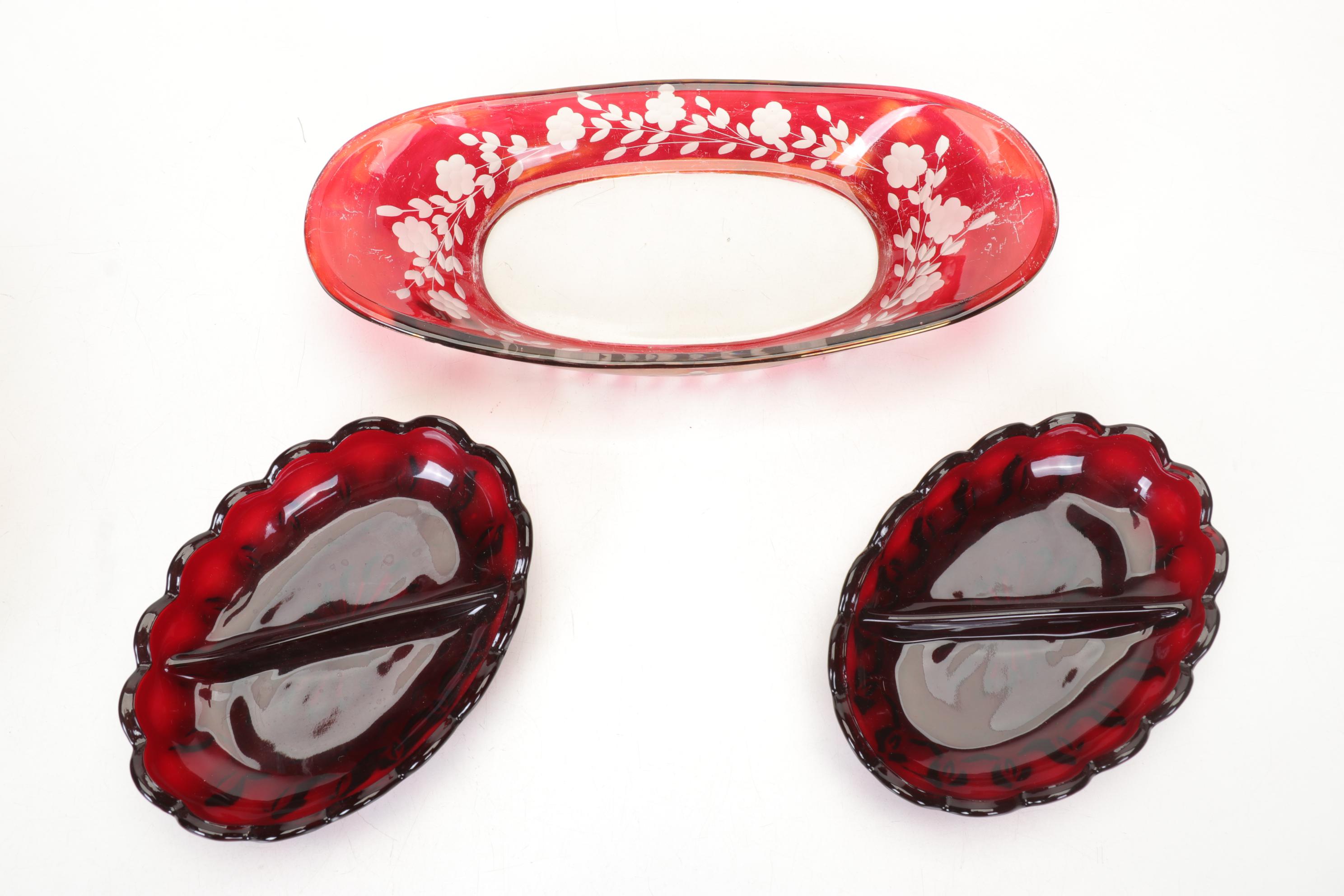 Ruby Cut to Clear Vase and Relish Dish with Other Ruby Red Glass Items