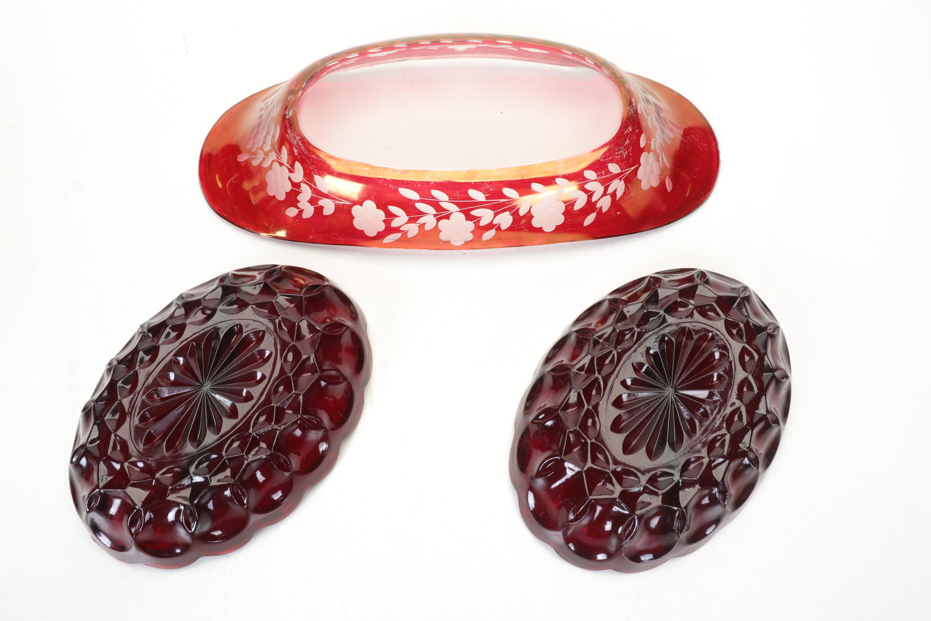 Ruby Cut to Clear Vase and Relish Dish with Other Ruby Red Glass Items