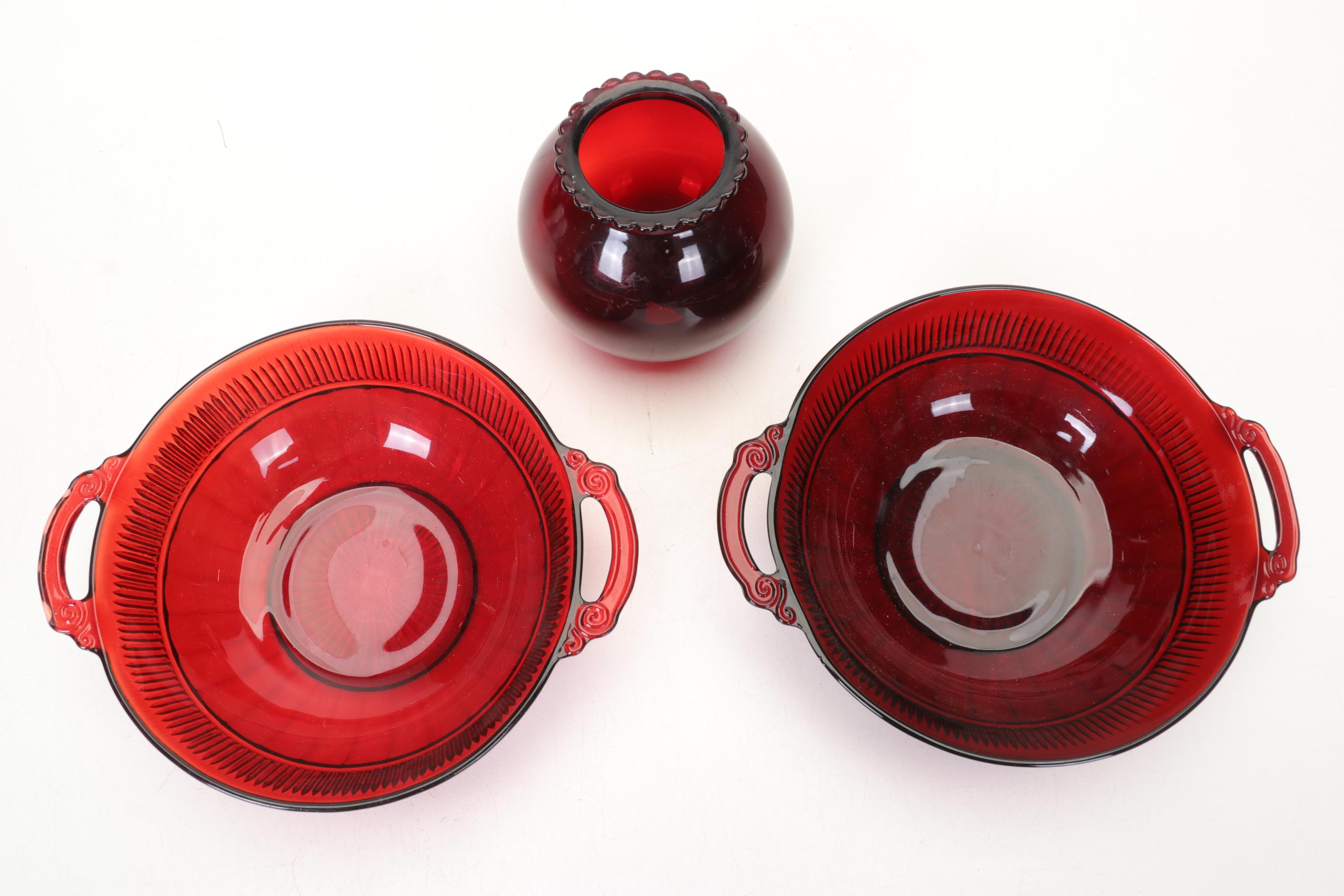 Ruby Cut to Clear Vase and Relish Dish with Other Ruby Red Glass Items