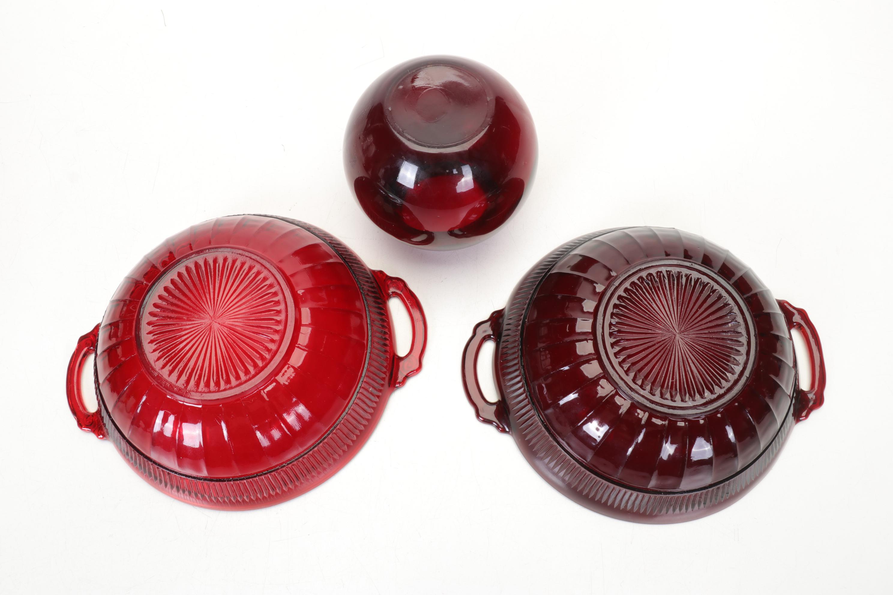 Ruby Cut to Clear Vase and Relish Dish with Other Ruby Red Glass Items